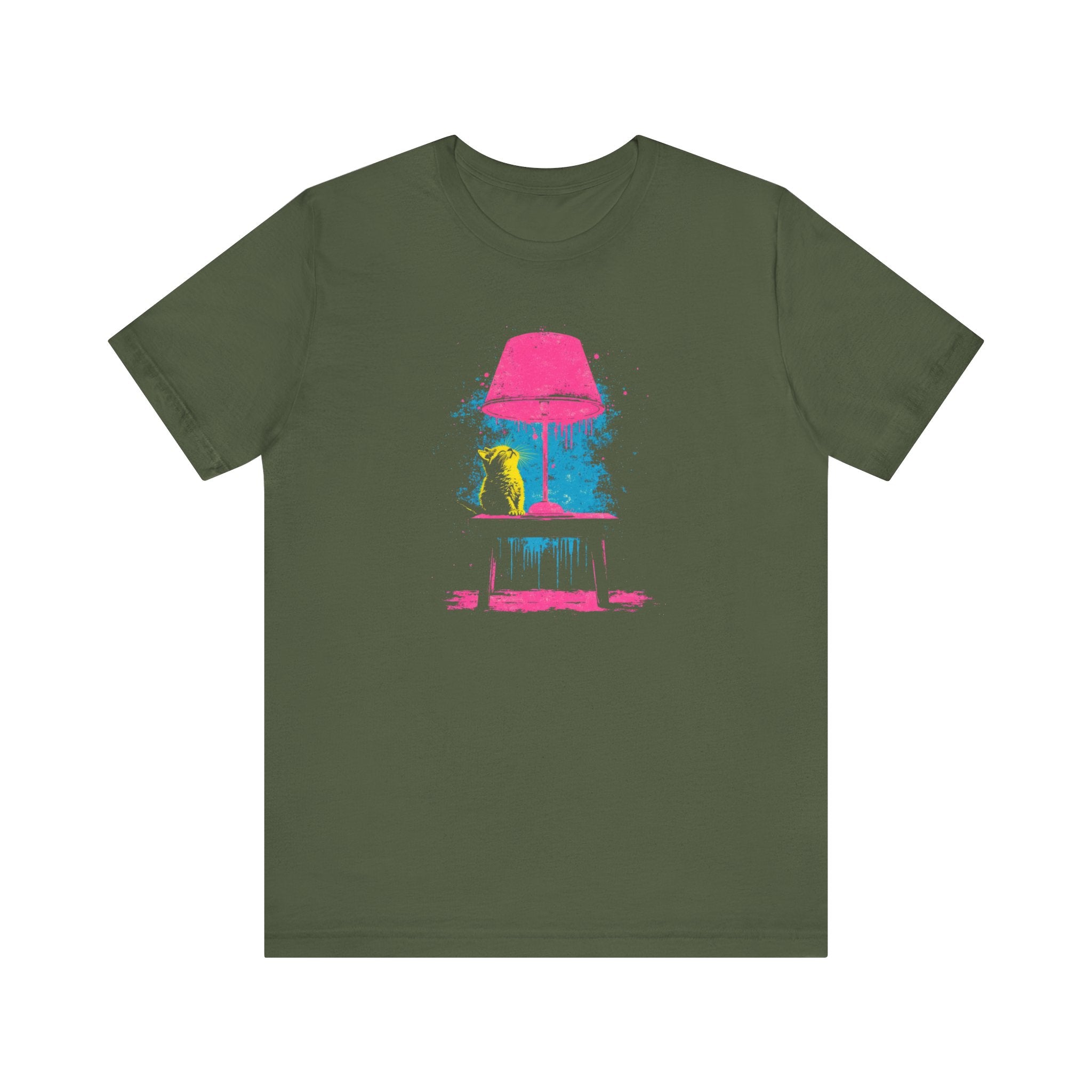 Retro Neon Cat and Lamp T-Shirt - Vibrant Pop Art Style Graphic Tee
