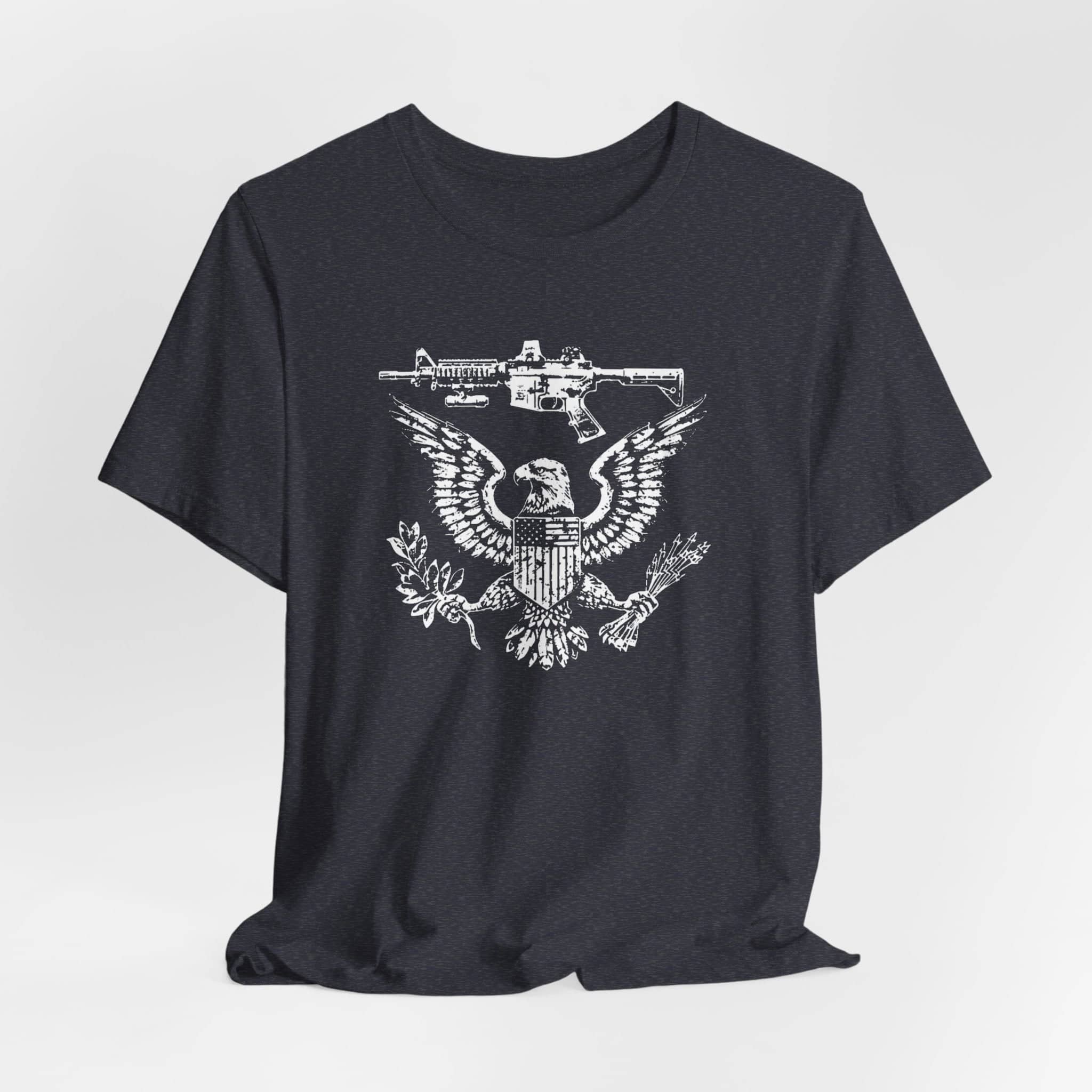 Patriotic Eagle and Rifle T-Shirt, American Flag Inspired Military Graphic Tee, Bold Eagle & Rifle Design, Proud USA Themed Apparel Unisex Jersey Short Sleeve Tee