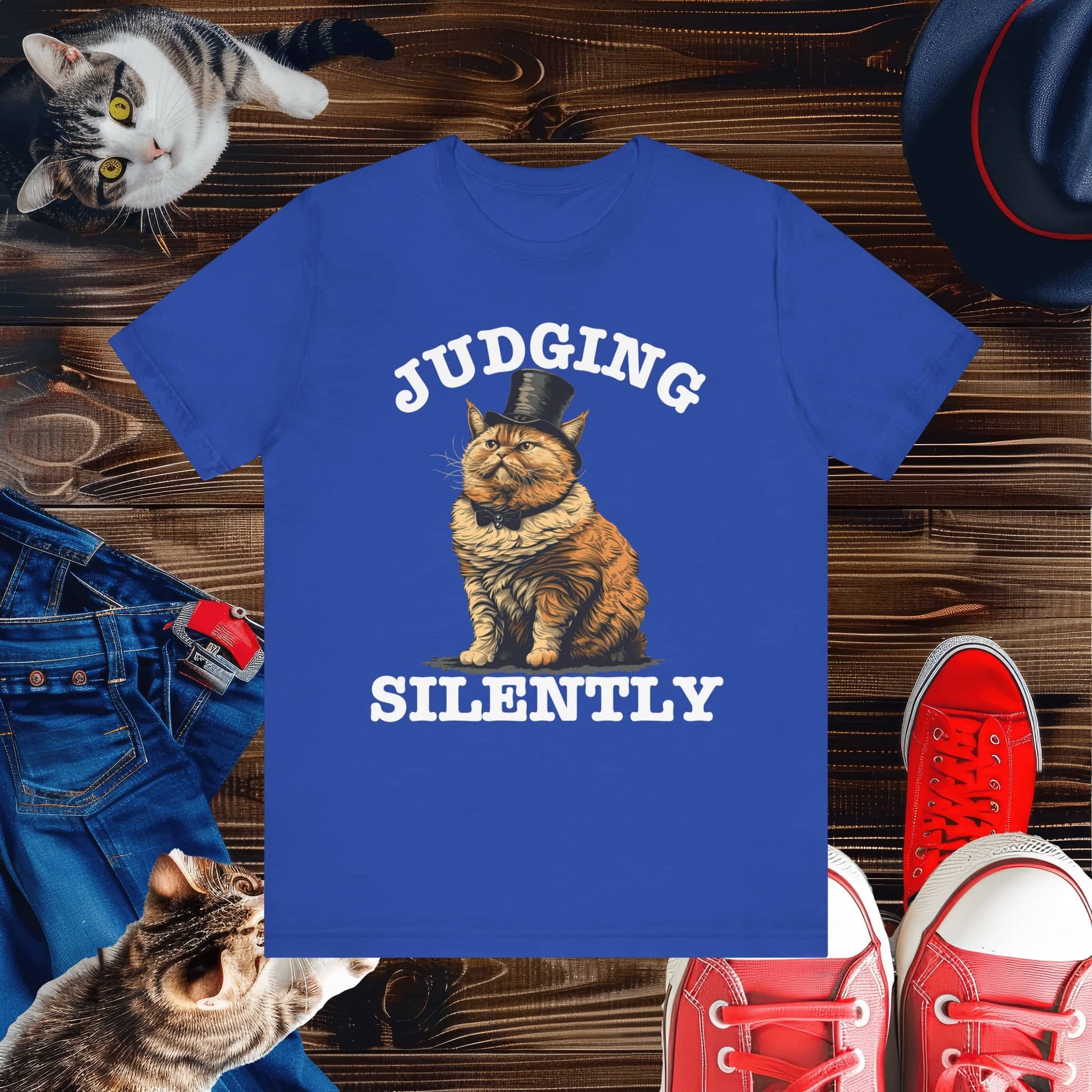 Judging Silently Cat T-Shirt, Whimsical Top Hat Cat Graphic Tee, Humorous Cat Lover Shirt, Unique Gift for Cat Enthusiasts