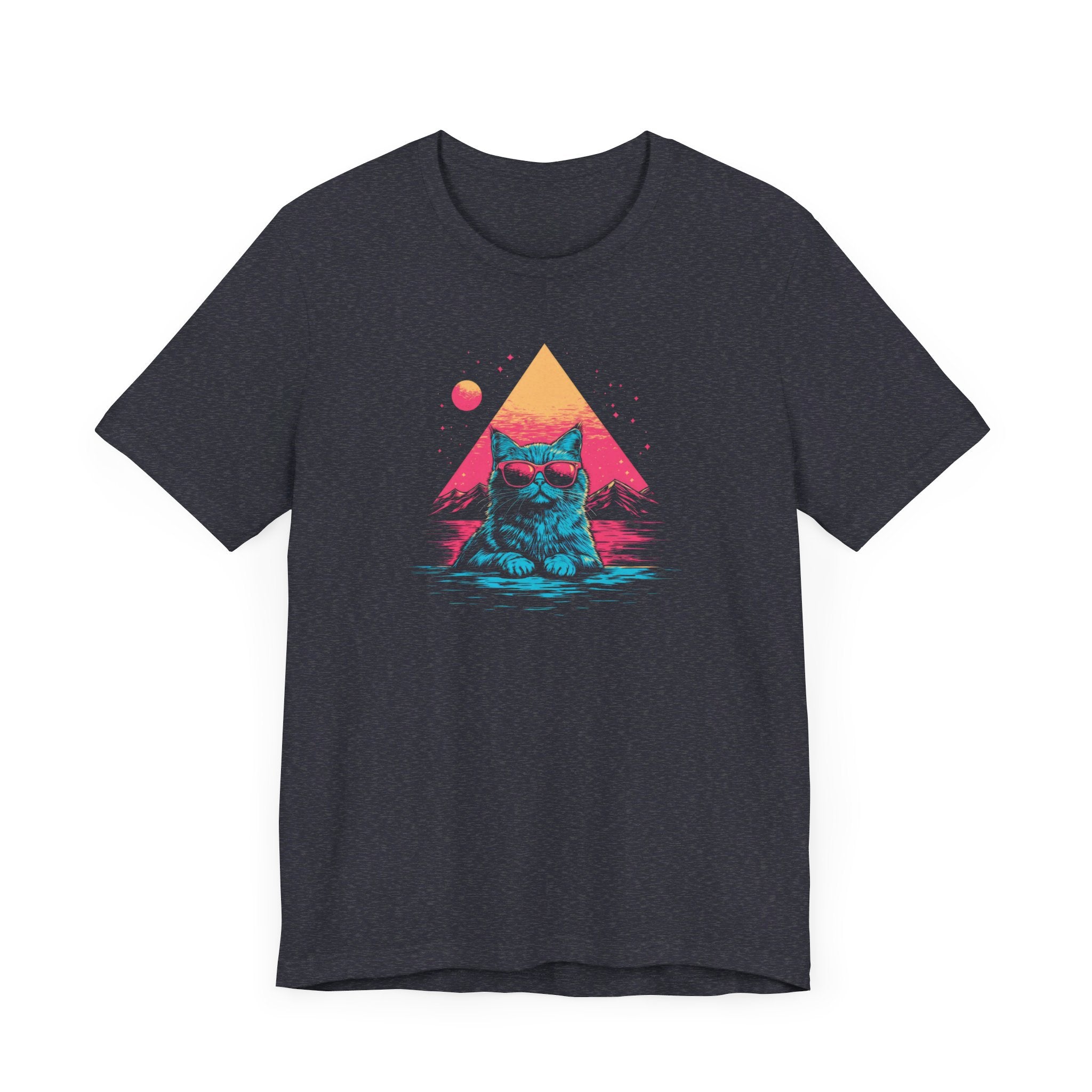 Retro Sunset Cat Graphic Tee – Cool Neon Vibes Cat Lover Shirt