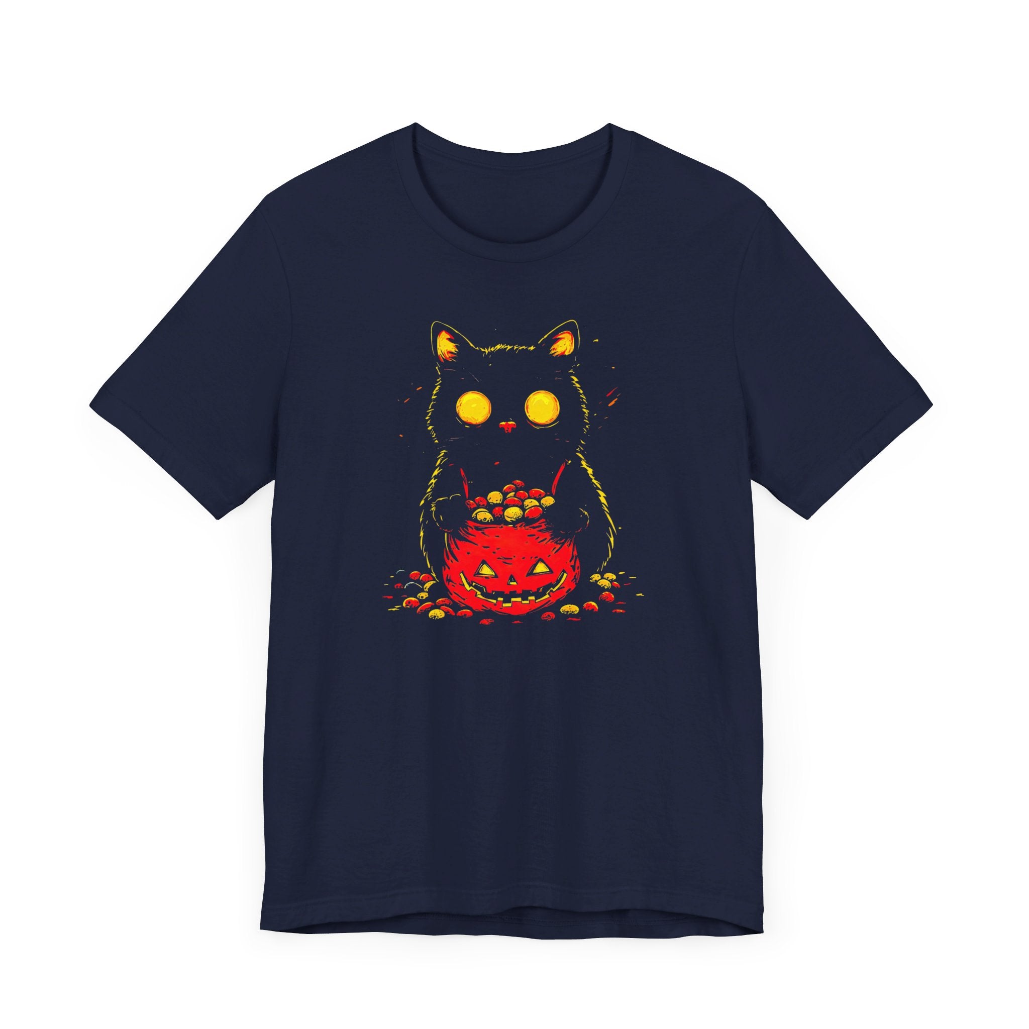 Halloween Black Cat Graphic Tee – Spooky Pumpkin Candy Design Shirt