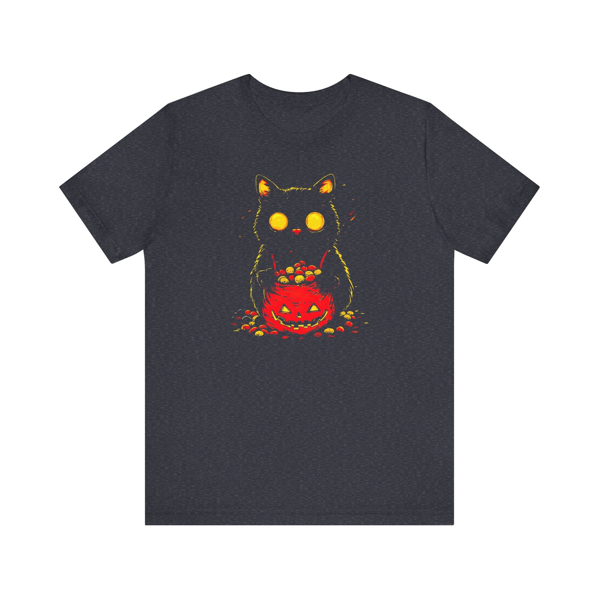 Halloween Black Cat Graphic Tee – Spooky Pumpkin Candy Design Shirt