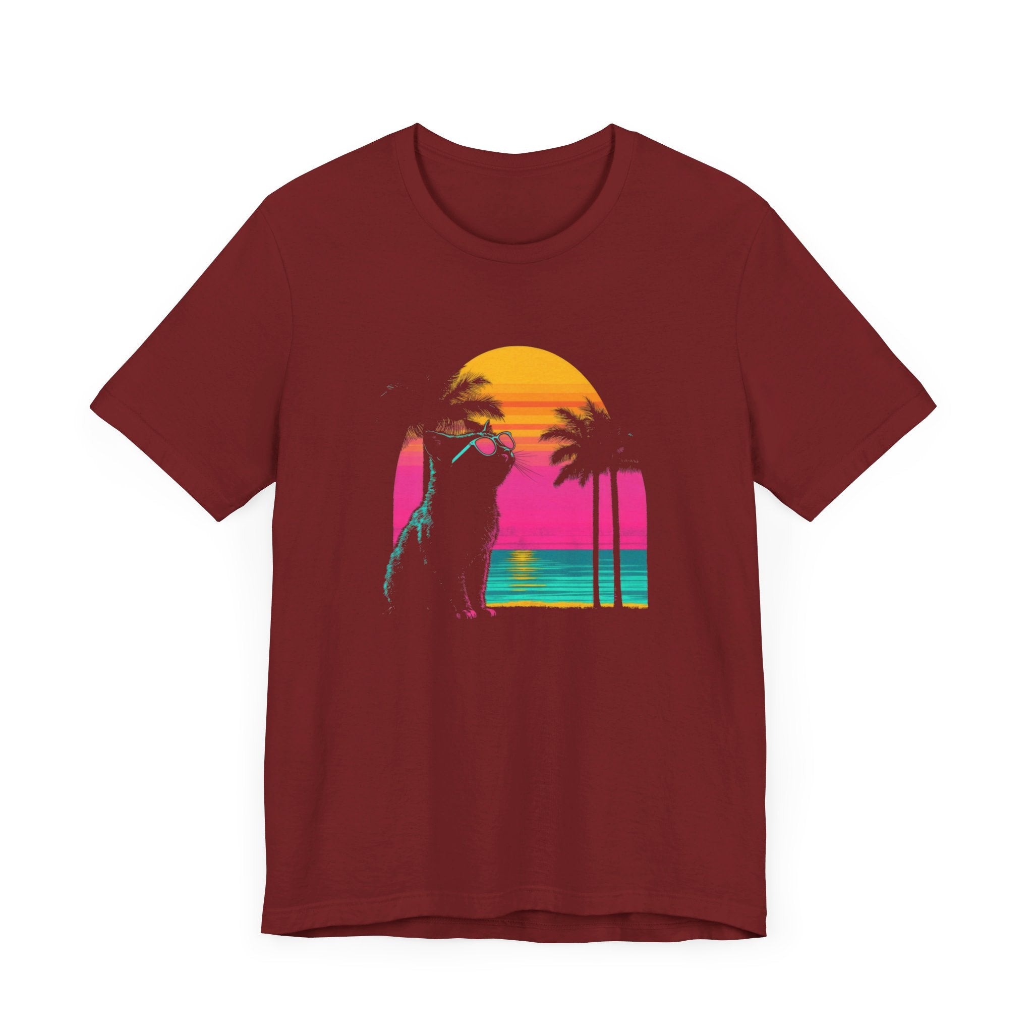 Retro Sunset Cat T-Shirt - Neon Summer Vibes Graphic Tee