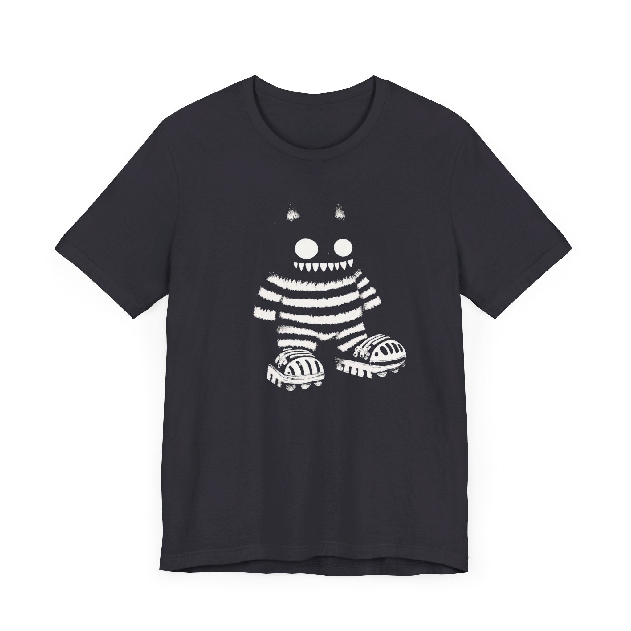 Striped Cat Monster Graphic Tee – Playful and Edgy Creature Design Shirt