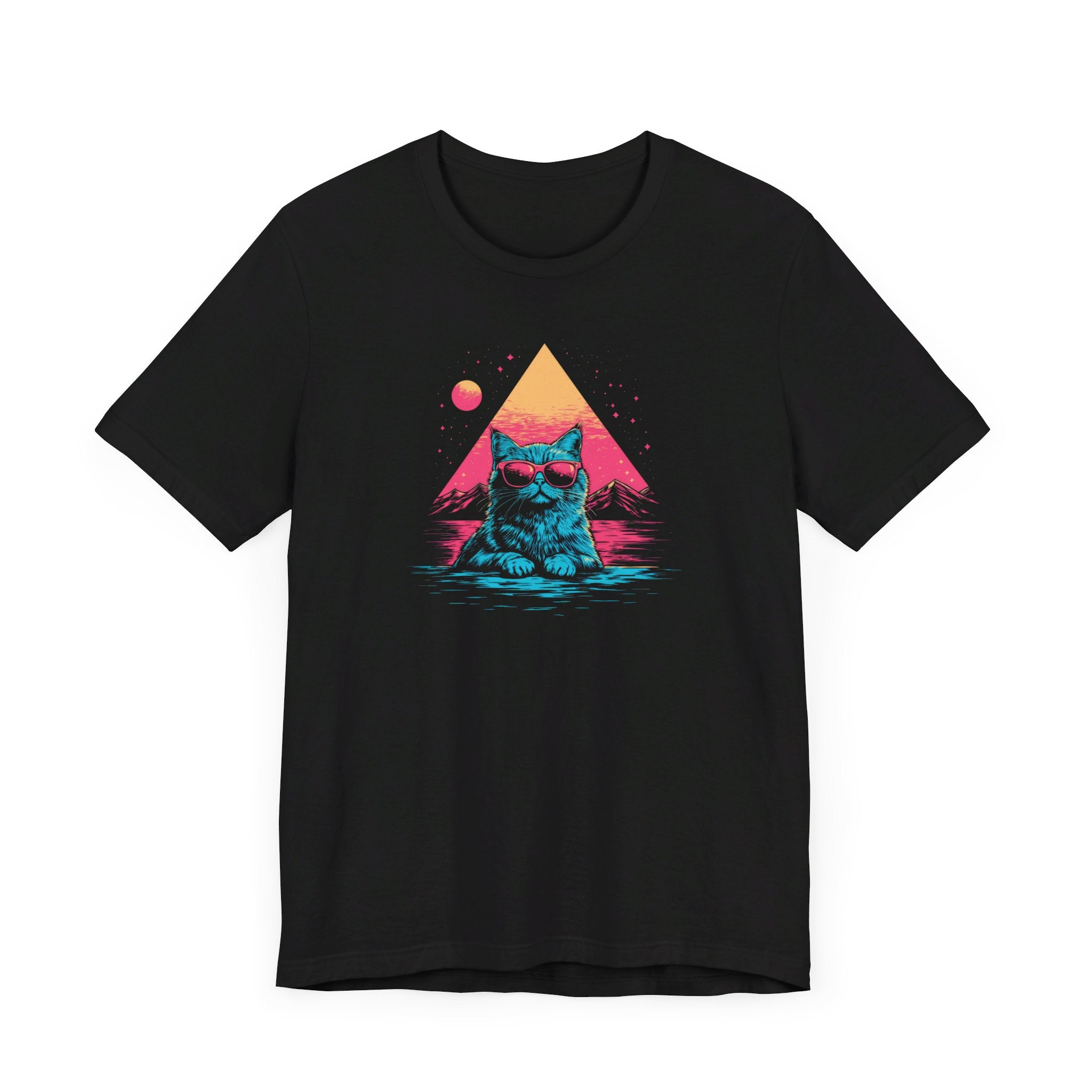 Retro Sunset Cat Graphic Tee – Cool Neon Vibes Cat Lover Shirt