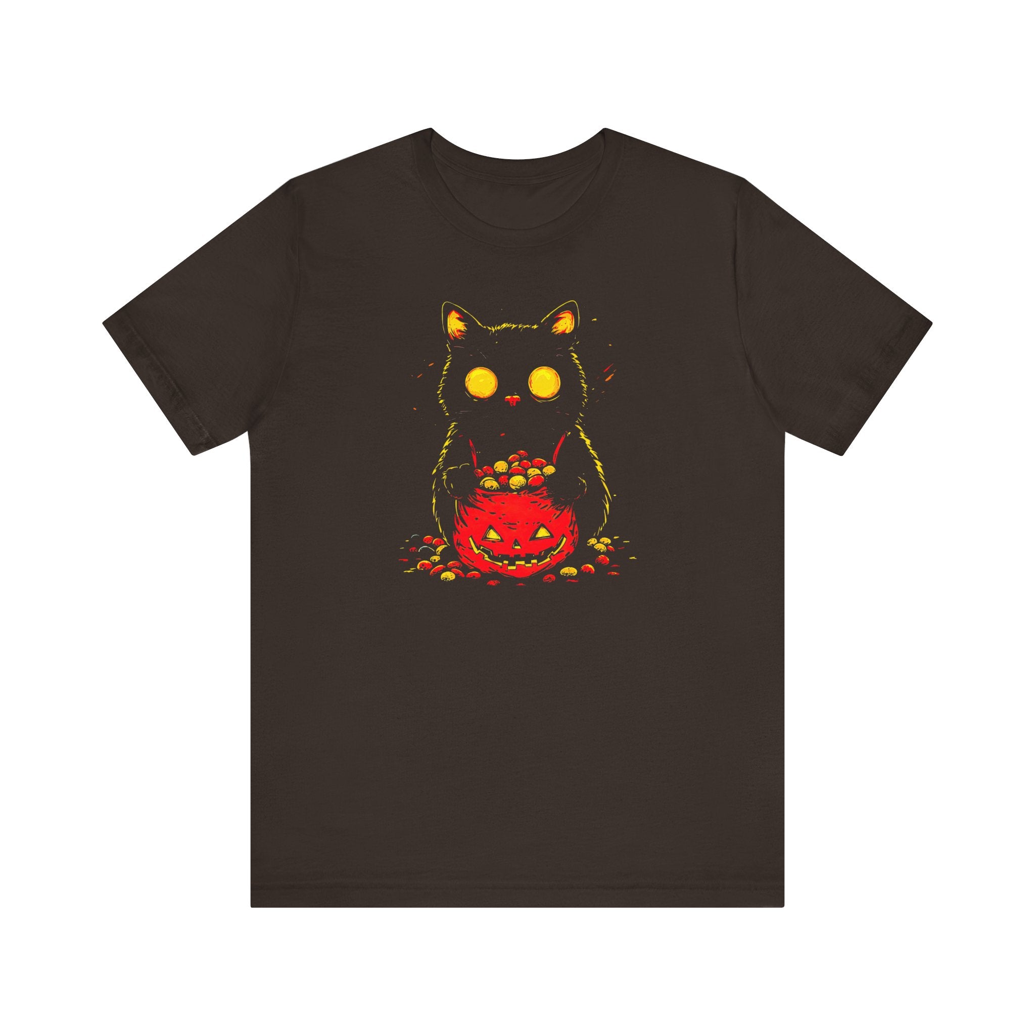 Halloween Black Cat Graphic Tee – Spooky Pumpkin Candy Design Shirt