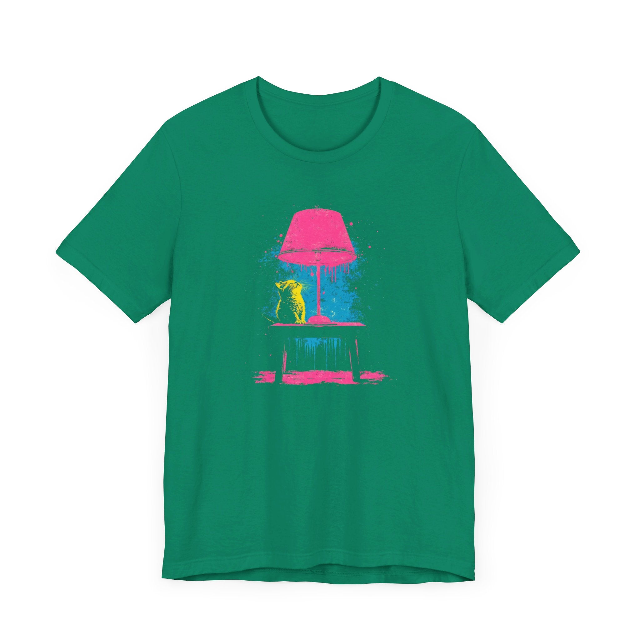 Retro Neon Cat and Lamp T-Shirt - Vibrant Pop Art Style Graphic Tee