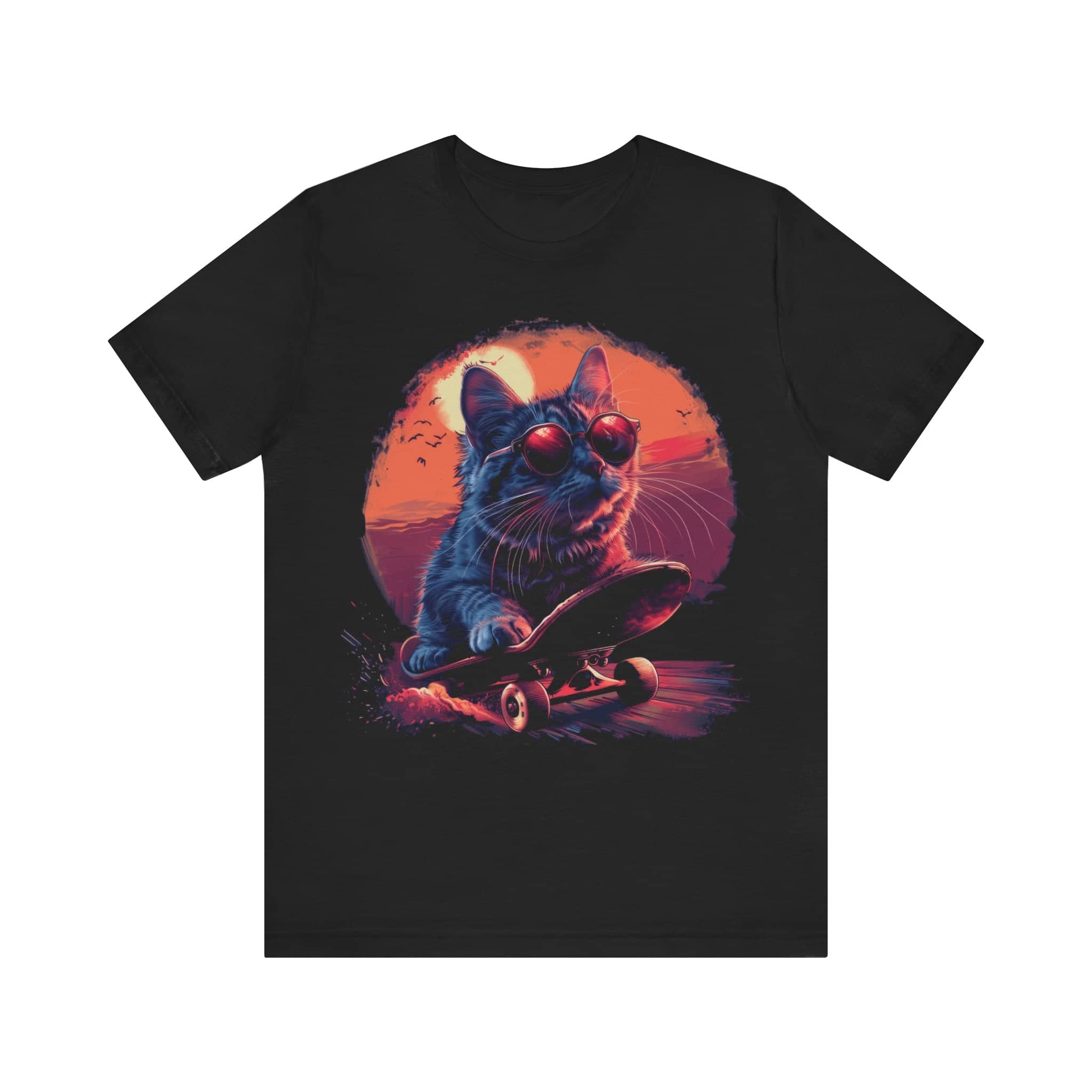 Cool Cat on Skateboard T-Shirt Retro Sunset Cat Lover Tee