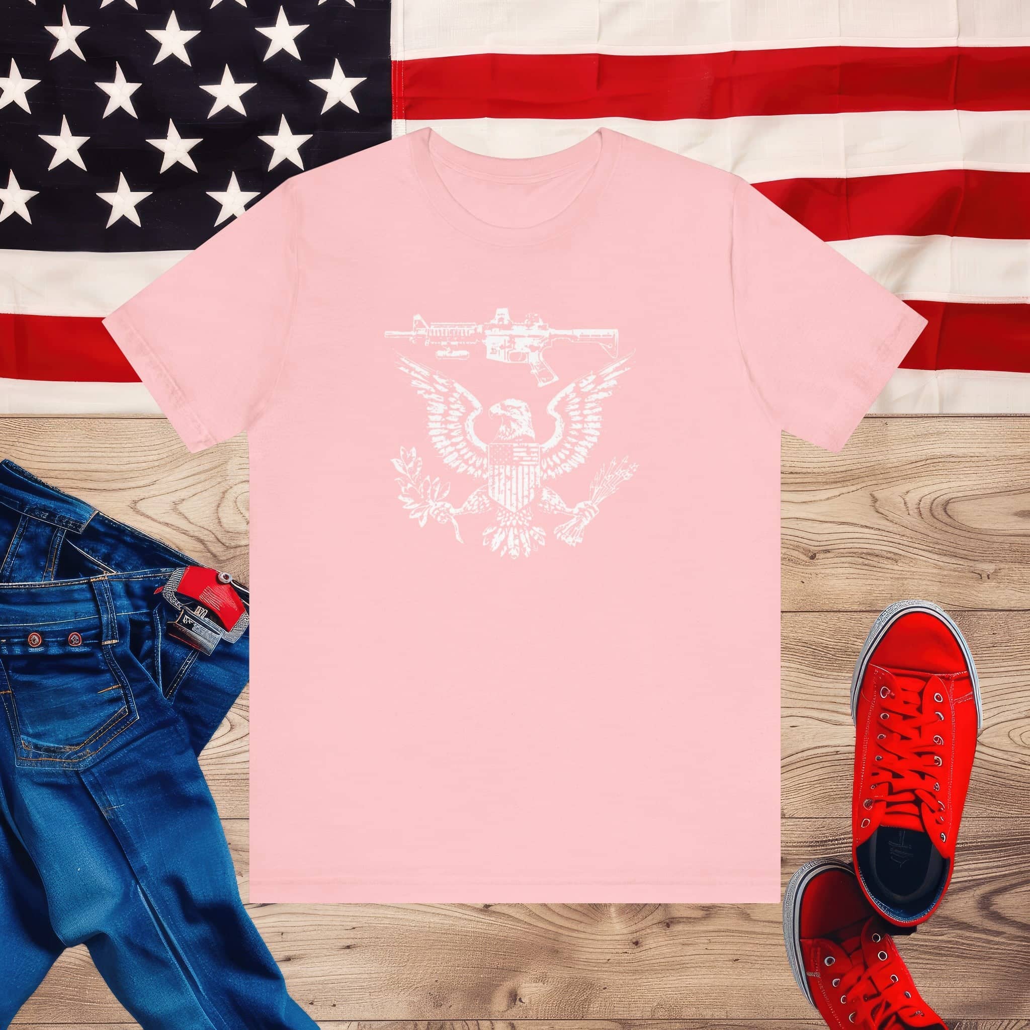 Patriotic Eagle and Rifle T-Shirt, American Flag Inspired Military Graphic Tee, Bold Eagle & Rifle Design, Proud USA Themed Apparel Unisex Jersey Short Sleeve Tee