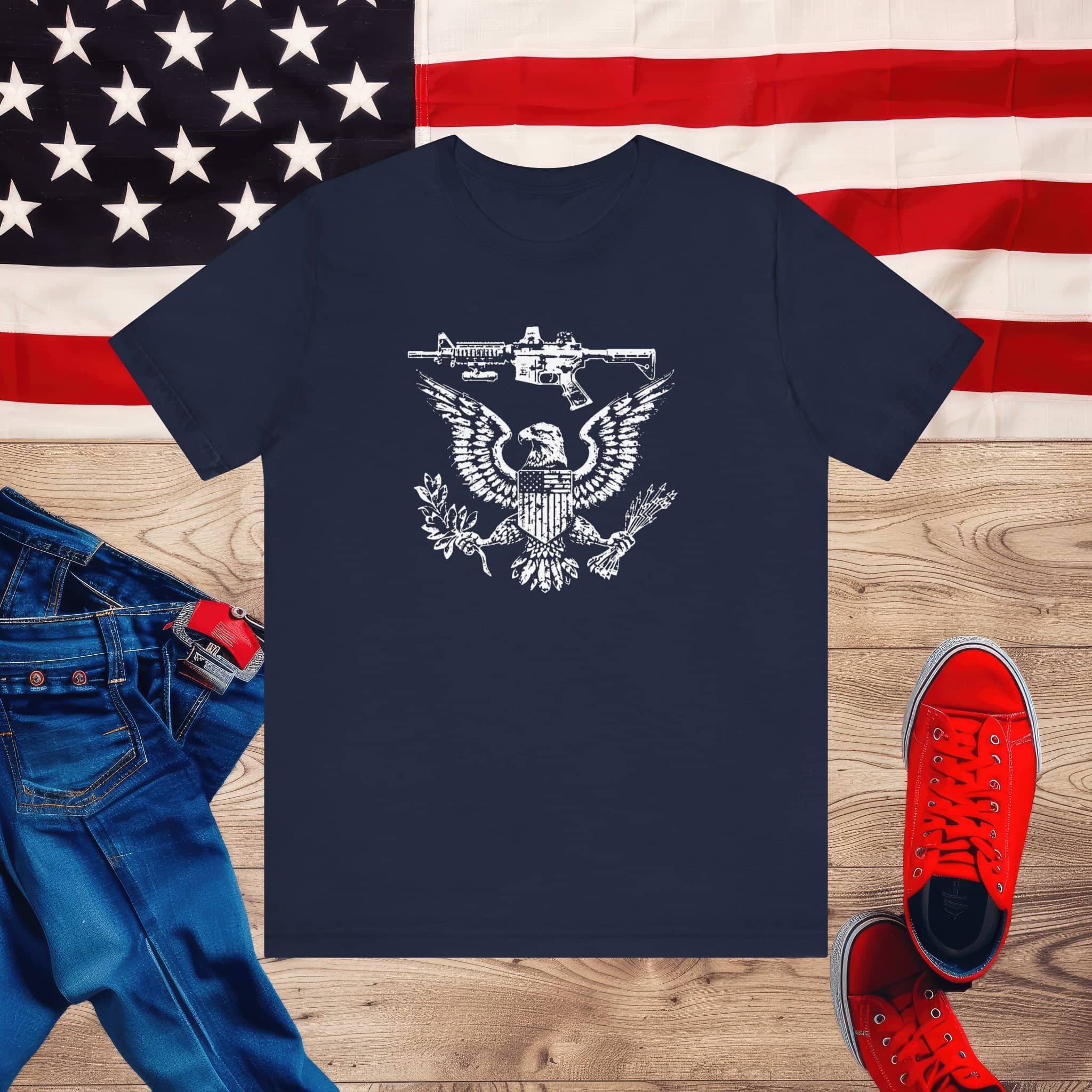 Patriotic Eagle and Rifle T-Shirt, American Flag Inspired Military Graphic Tee, Bold Eagle & Rifle Design, Proud USA Themed Apparel Unisex Jersey Short Sleeve Tee