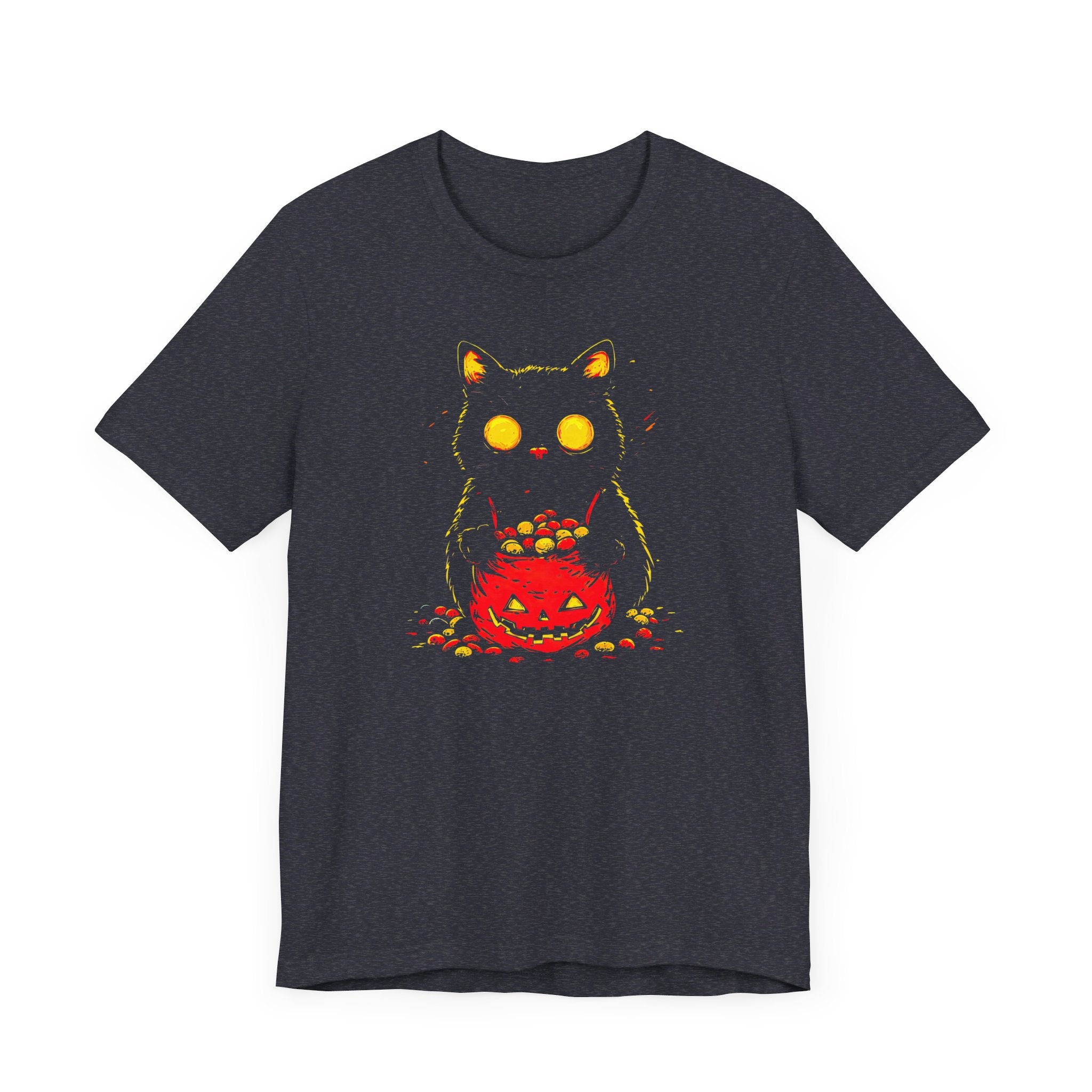 Halloween Black Cat Graphic Tee – Spooky Pumpkin Candy Design Shirt