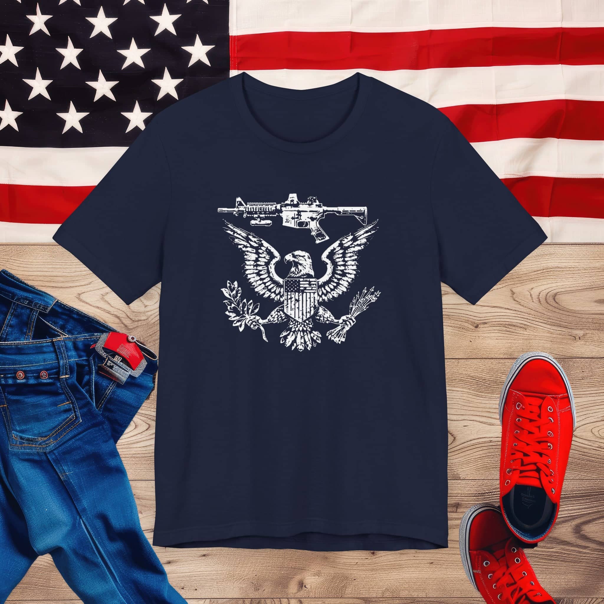 Patriotic Eagle and Rifle T-Shirt, American Flag Inspired Military Graphic Tee, Bold Eagle & Rifle Design, Proud USA Themed Apparel Unisex Jersey Short Sleeve Tee