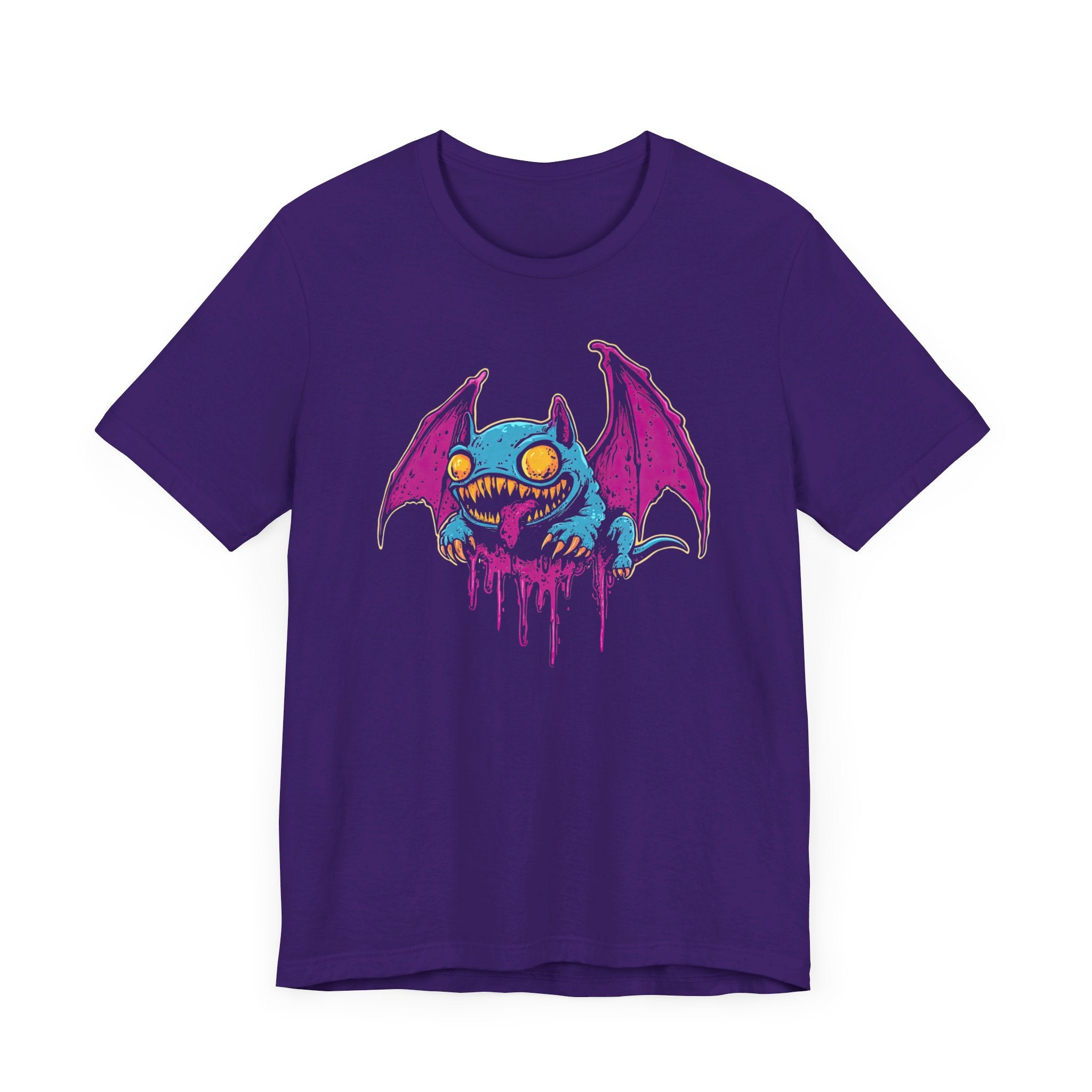 Dripping Neon Bat Creature T-Shirt Vibrant Fantasy Monster Graphic Tee