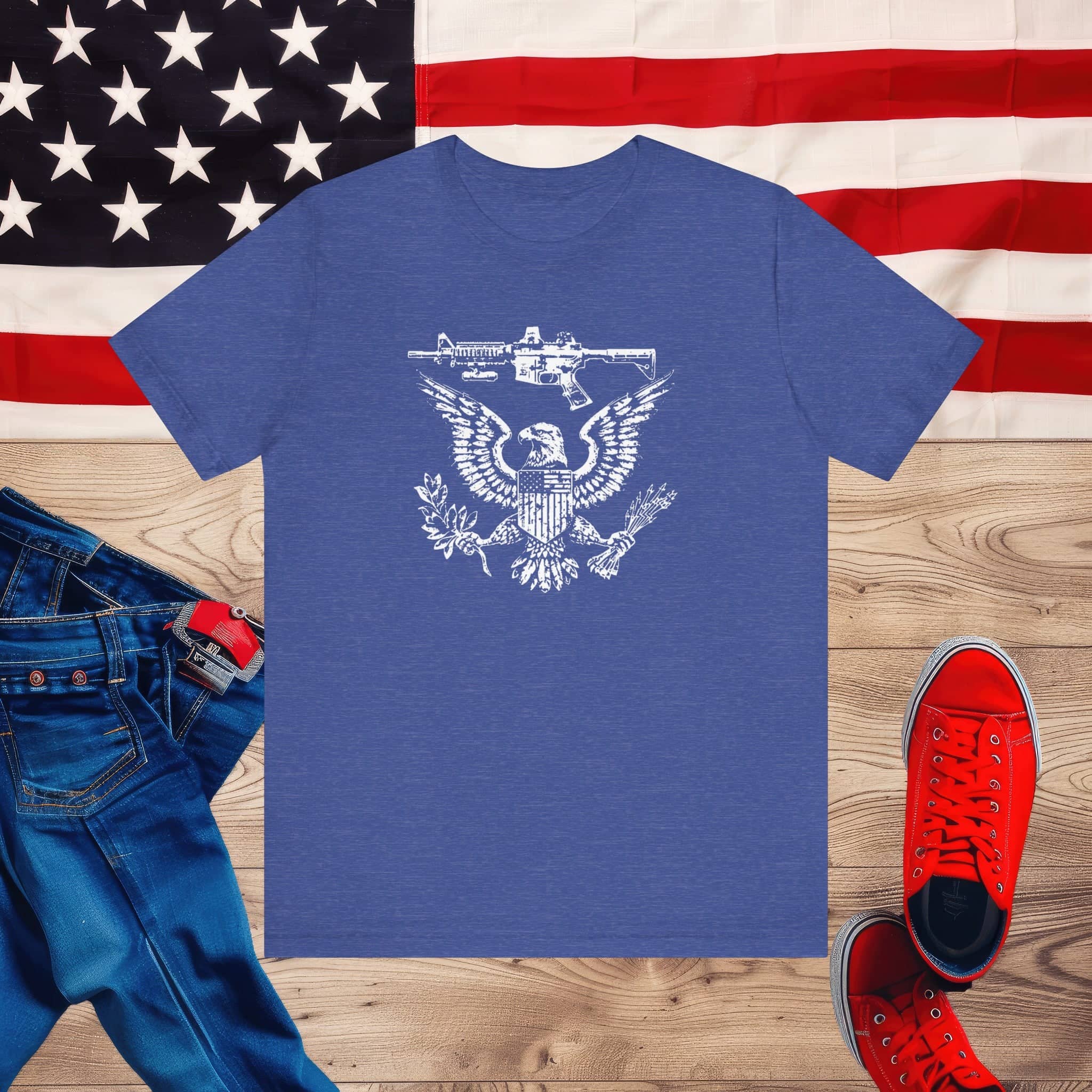 Patriotic Eagle and Rifle T-Shirt, American Flag Inspired Military Graphic Tee, Bold Eagle & Rifle Design, Proud USA Themed Apparel Unisex Jersey Short Sleeve Tee