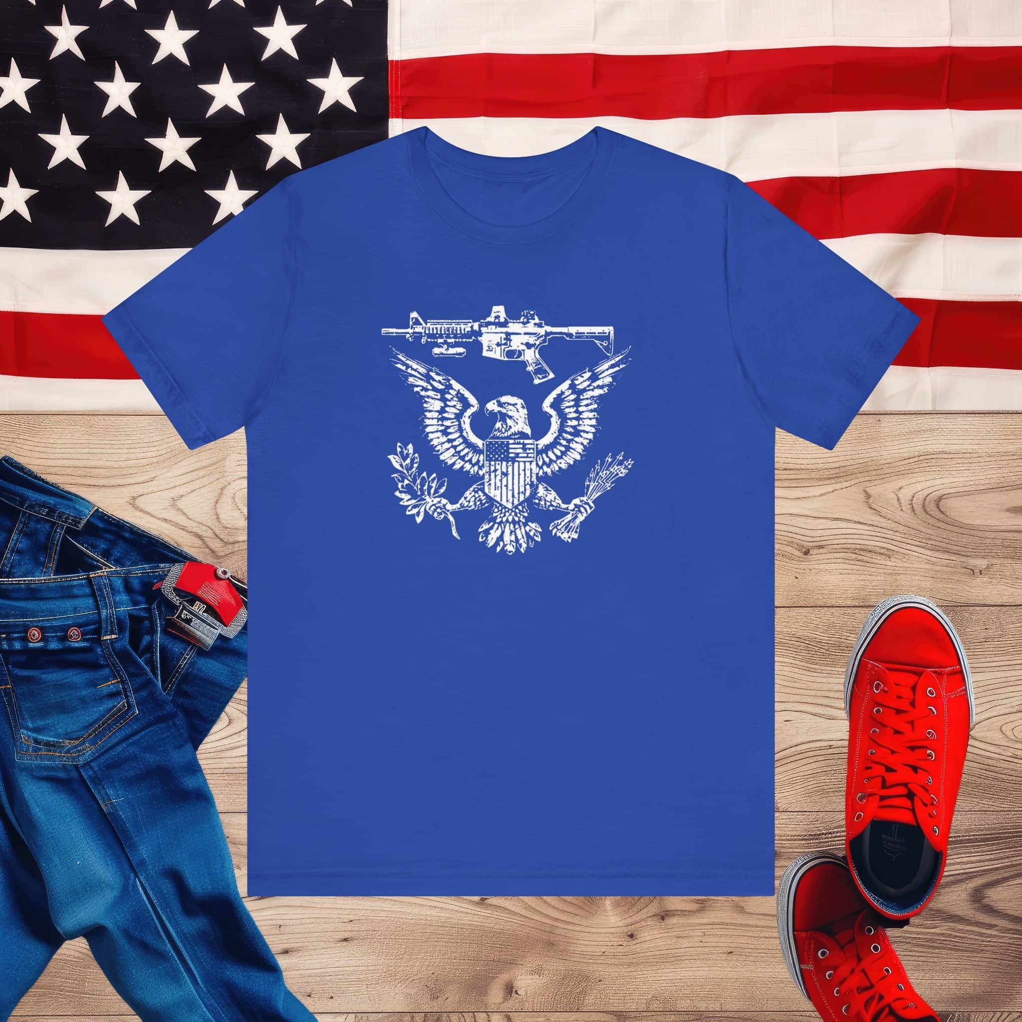Patriotic Eagle and Rifle T-Shirt, American Flag Inspired Military Graphic Tee, Bold Eagle & Rifle Design, Proud USA Themed Apparel Unisex Jersey Short Sleeve Tee