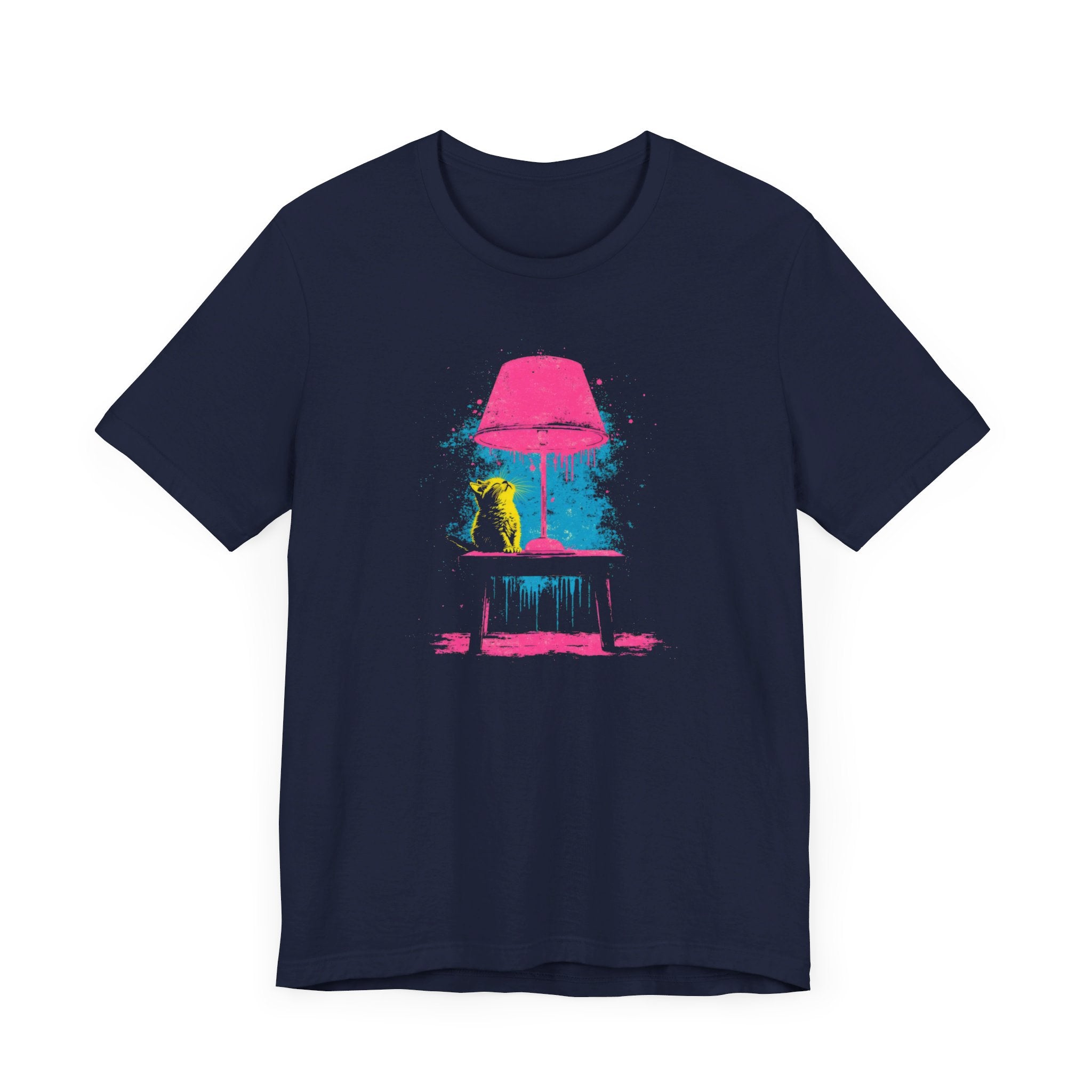 Retro Neon Cat and Lamp T-Shirt - Vibrant Pop Art Style Graphic Tee