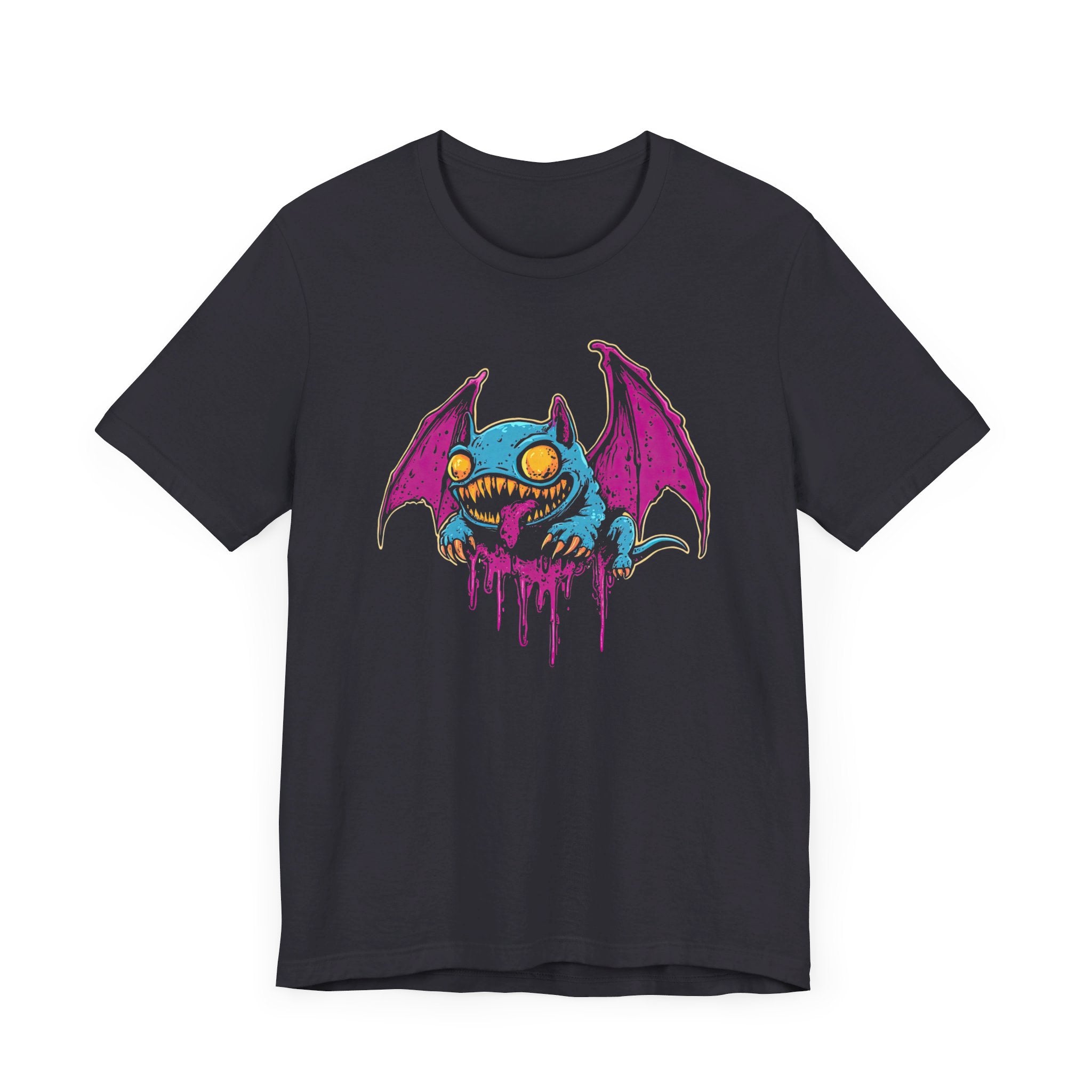Dripping Neon Bat Creature T-Shirt Vibrant Fantasy Monster Graphic Tee