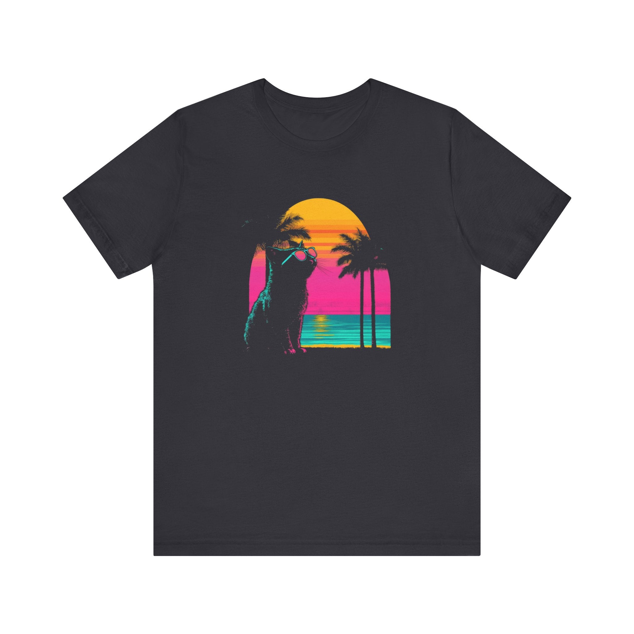 Retro Sunset Cat T-Shirt - Neon Summer Vibes Graphic Tee