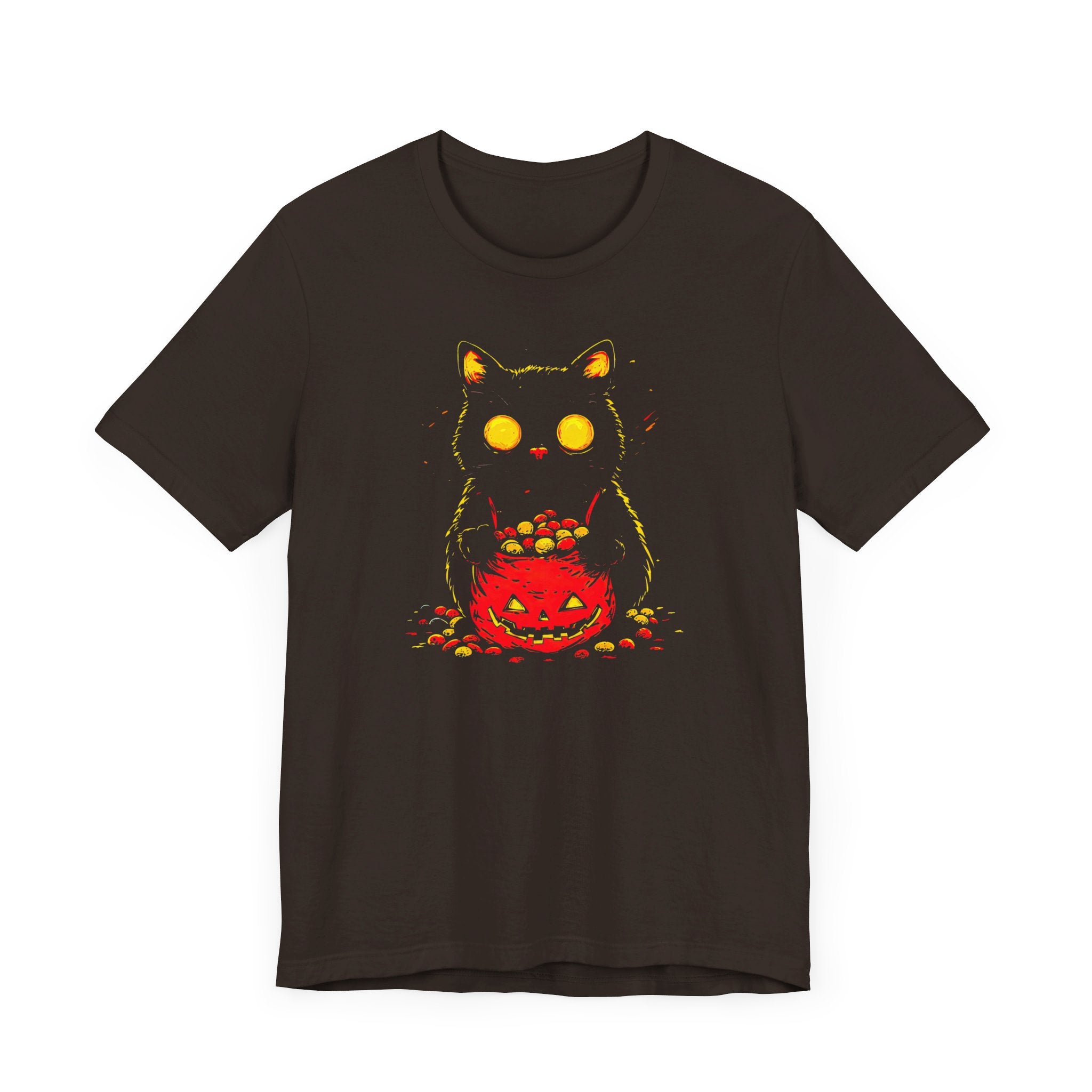 Halloween Black Cat Graphic Tee – Spooky Pumpkin Candy Design Shirt