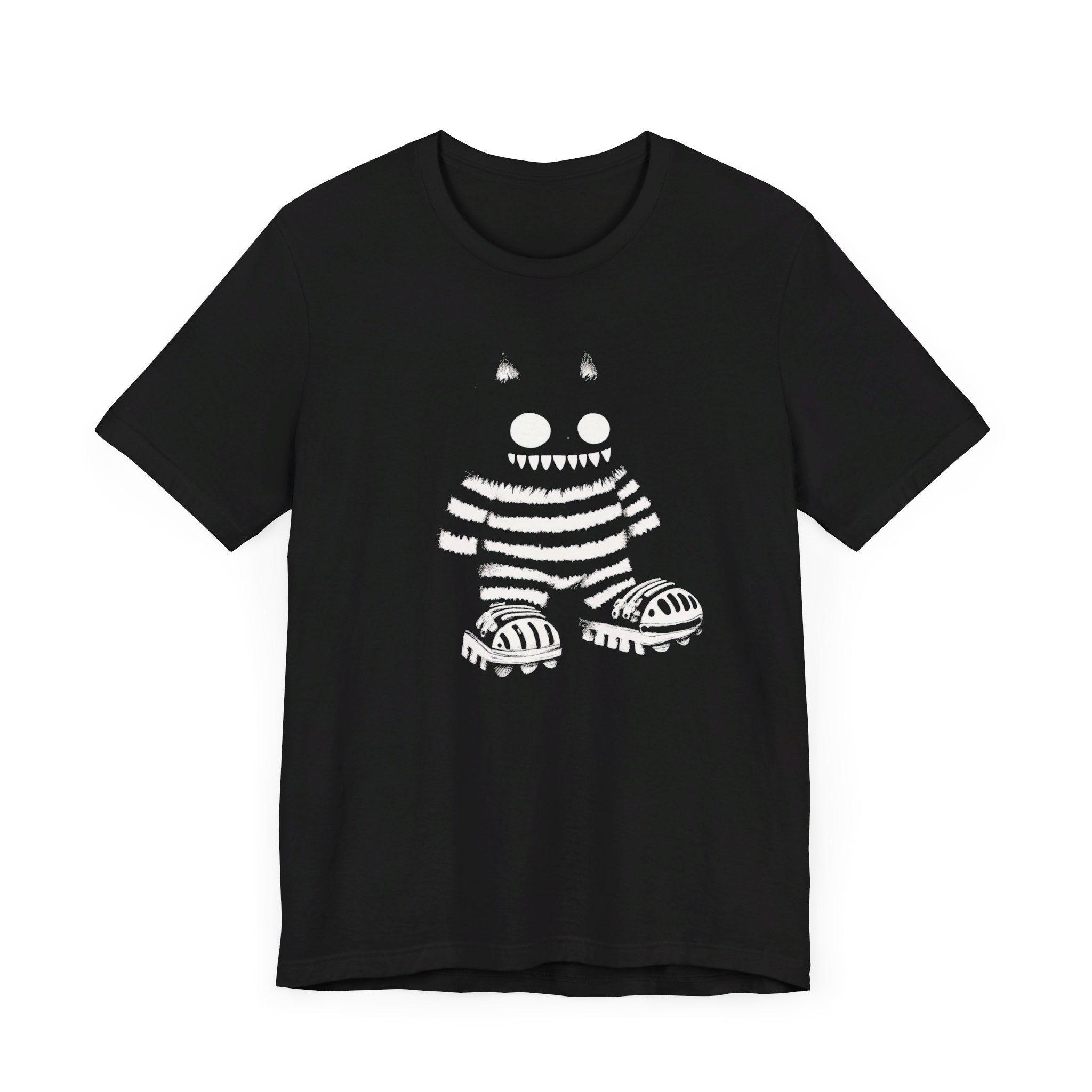 Striped Cat Monster Graphic Tee – Playful and Edgy Creature Design Shirt
