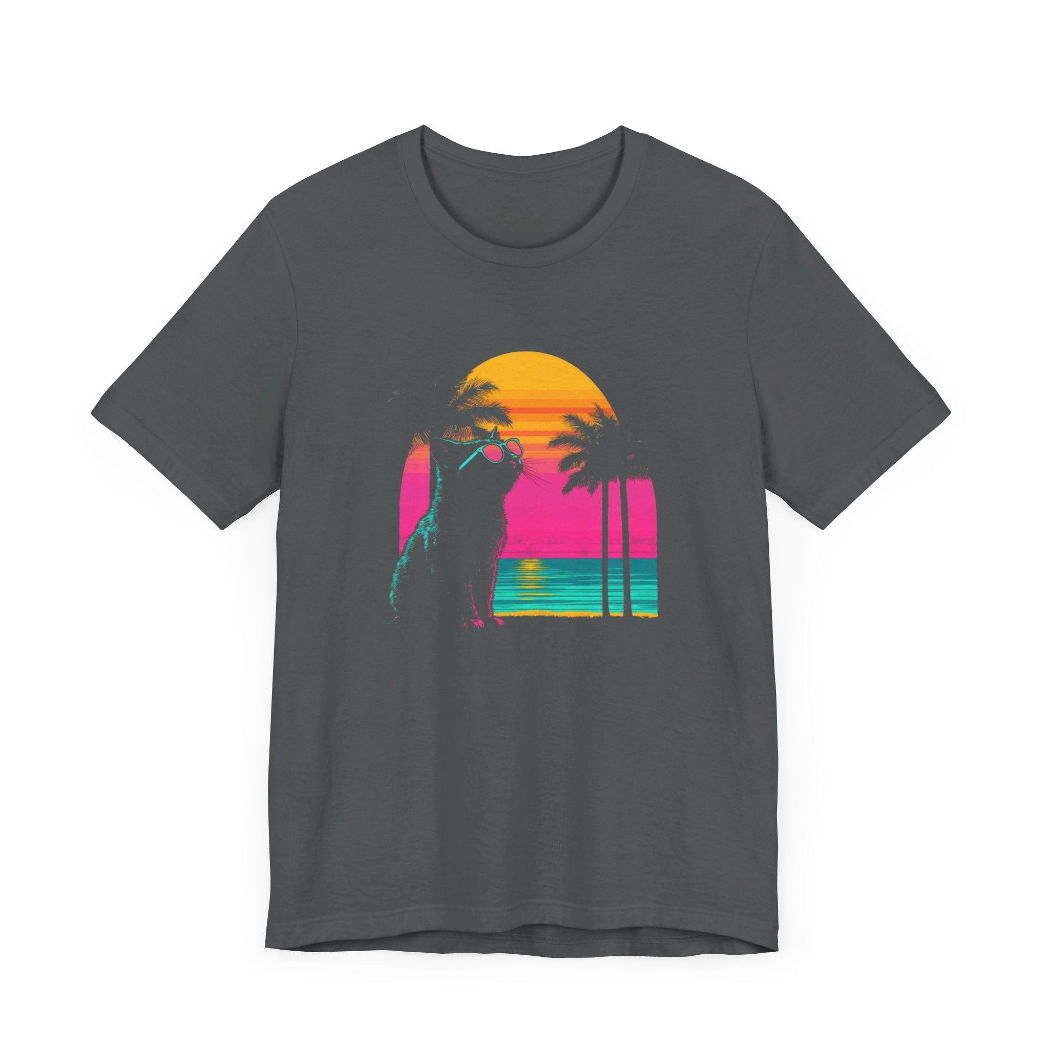 Retro Sunset Cat T-Shirt - Neon Summer Vibes Graphic Tee