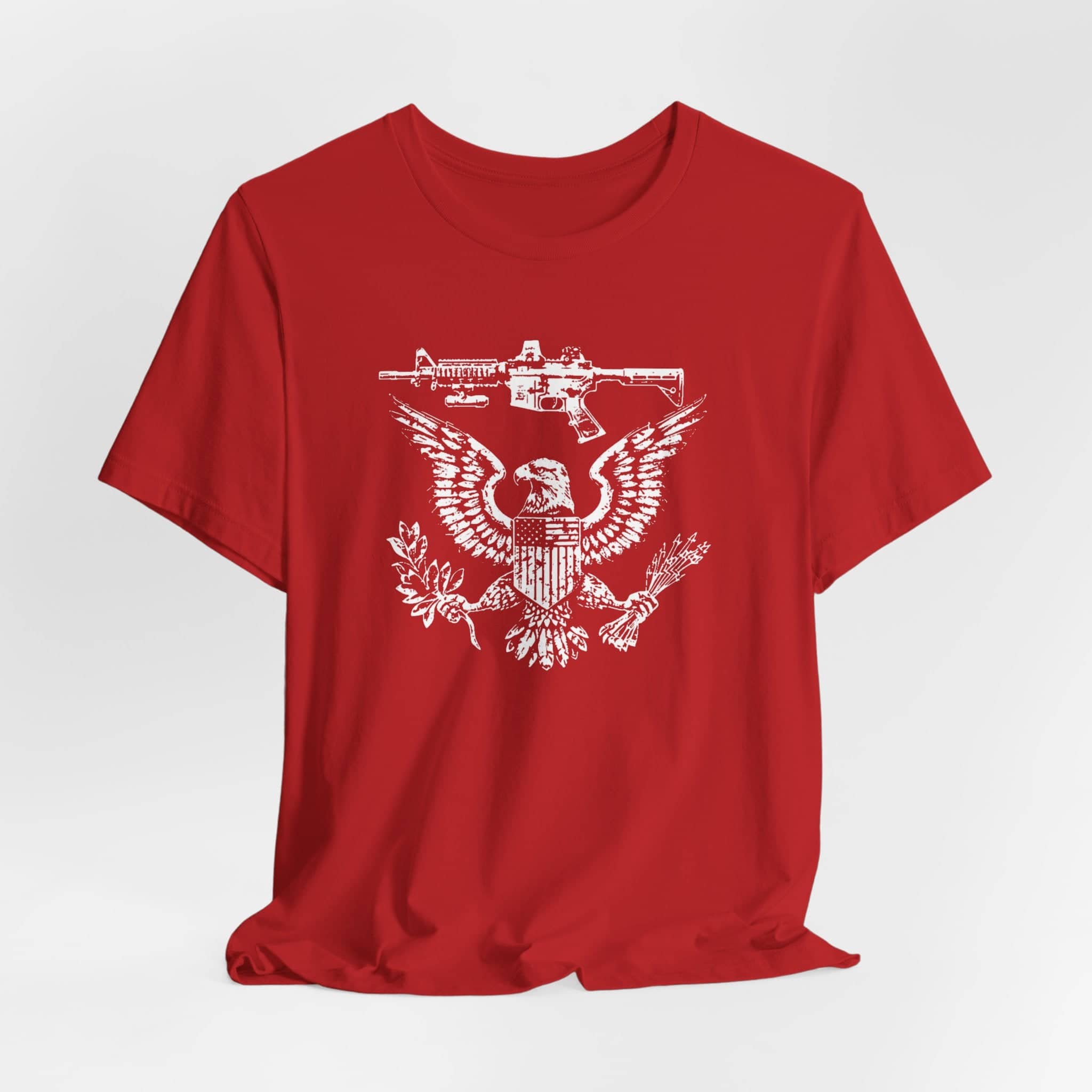 Patriotic Eagle and Rifle T-Shirt, American Flag Inspired Military Graphic Tee, Bold Eagle & Rifle Design, Proud USA Themed Apparel Unisex Jersey Short Sleeve Tee