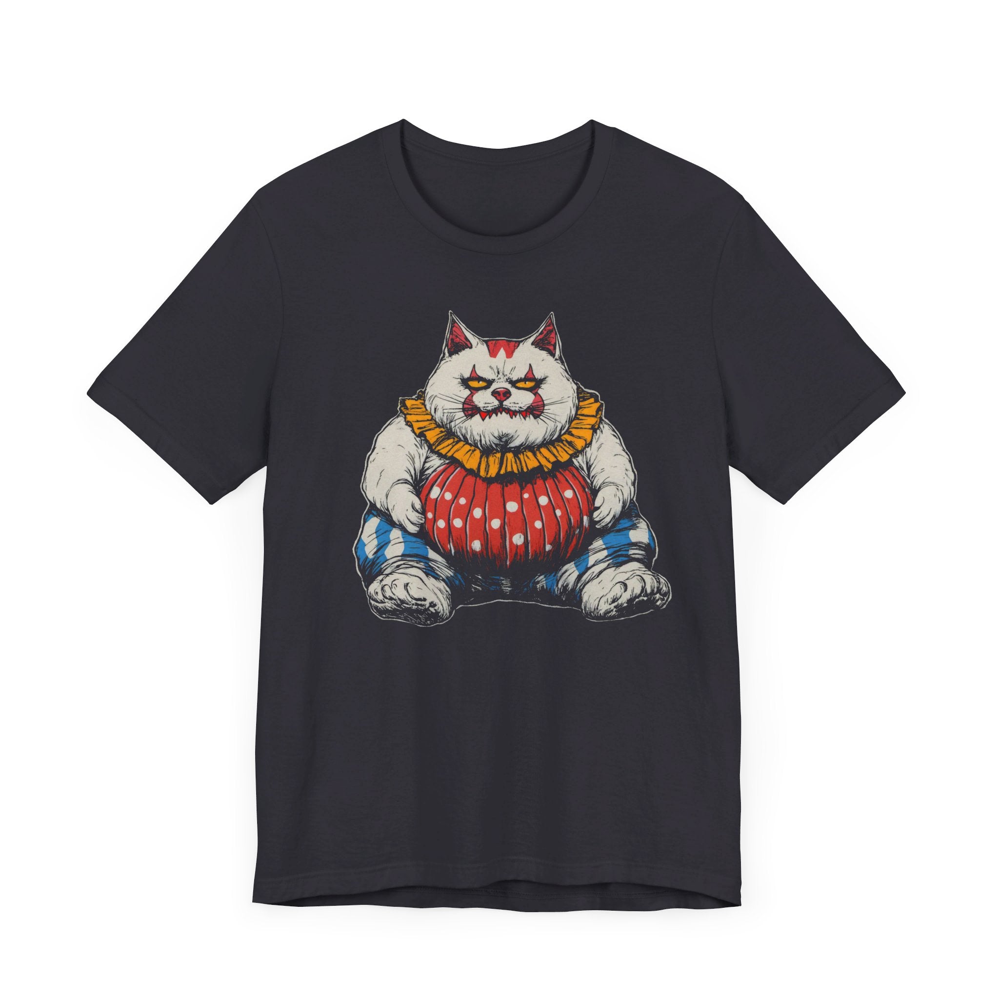 Clown Cat T-Shirt - Playful White Cat in Colorful Costume