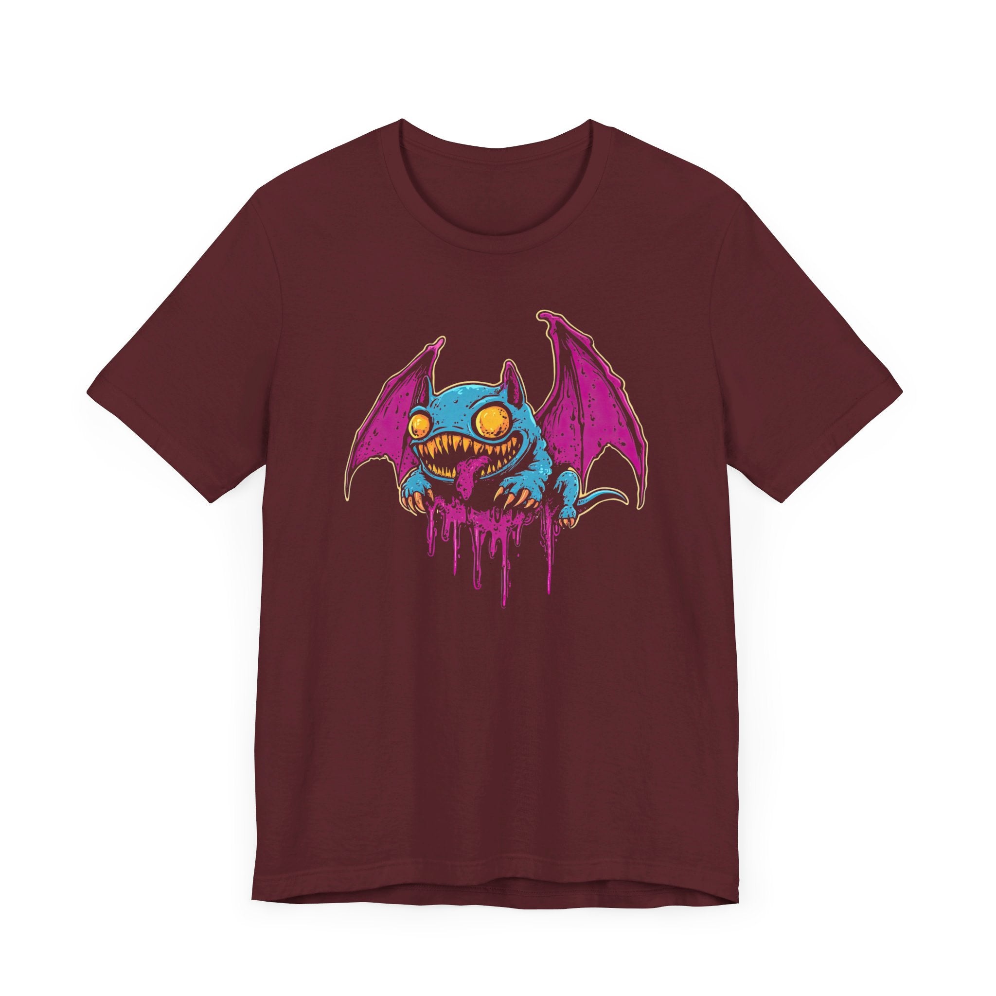 Dripping Neon Bat Creature T-Shirt Vibrant Fantasy Monster Graphic Tee