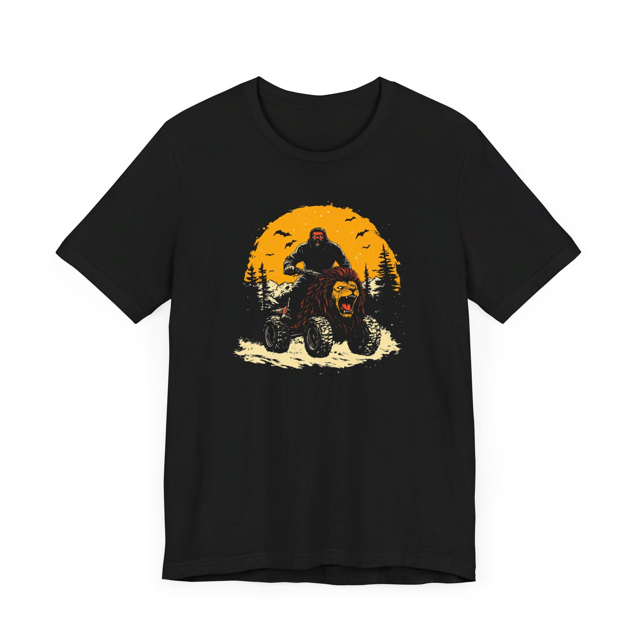 Bigfoot Riding Lion Head ATV T-Shirt Funny Adventure Design