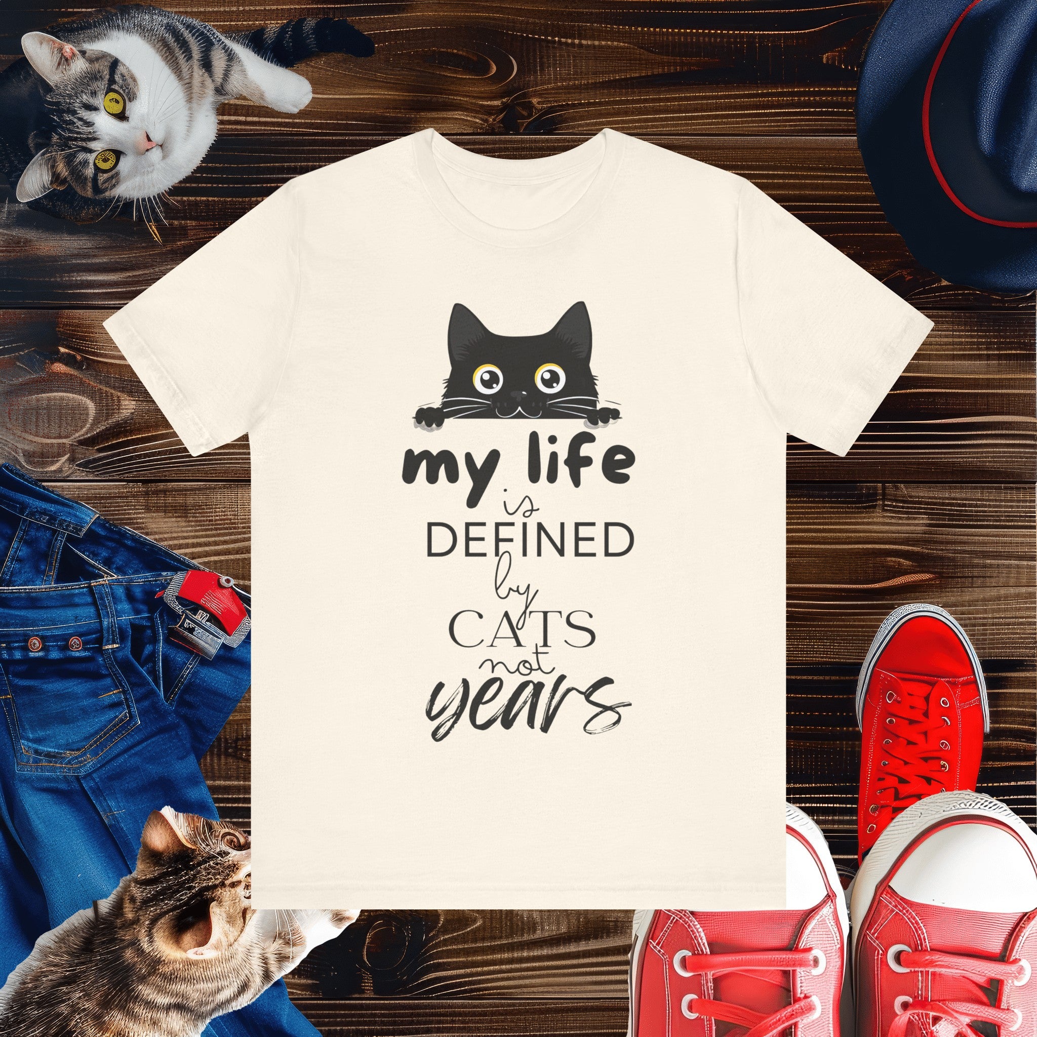 Black Cat T-Shirt - 'My Life is Defined by Cats Not Years' - Unique Cat Lover Tee - Gift for Cat Owners