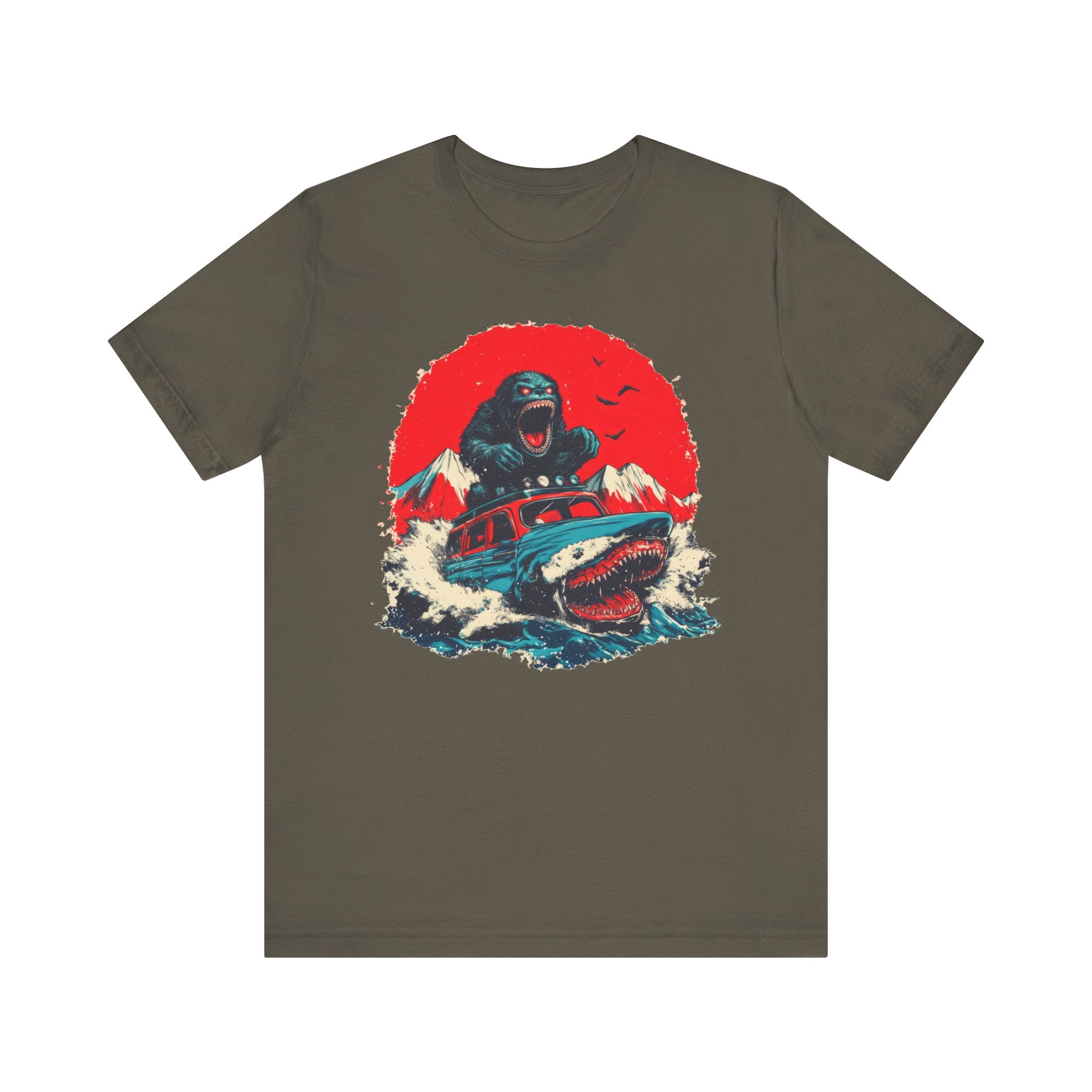 Bigfoot vs. Shark Adventure T-Shirt Fun and Bold Design