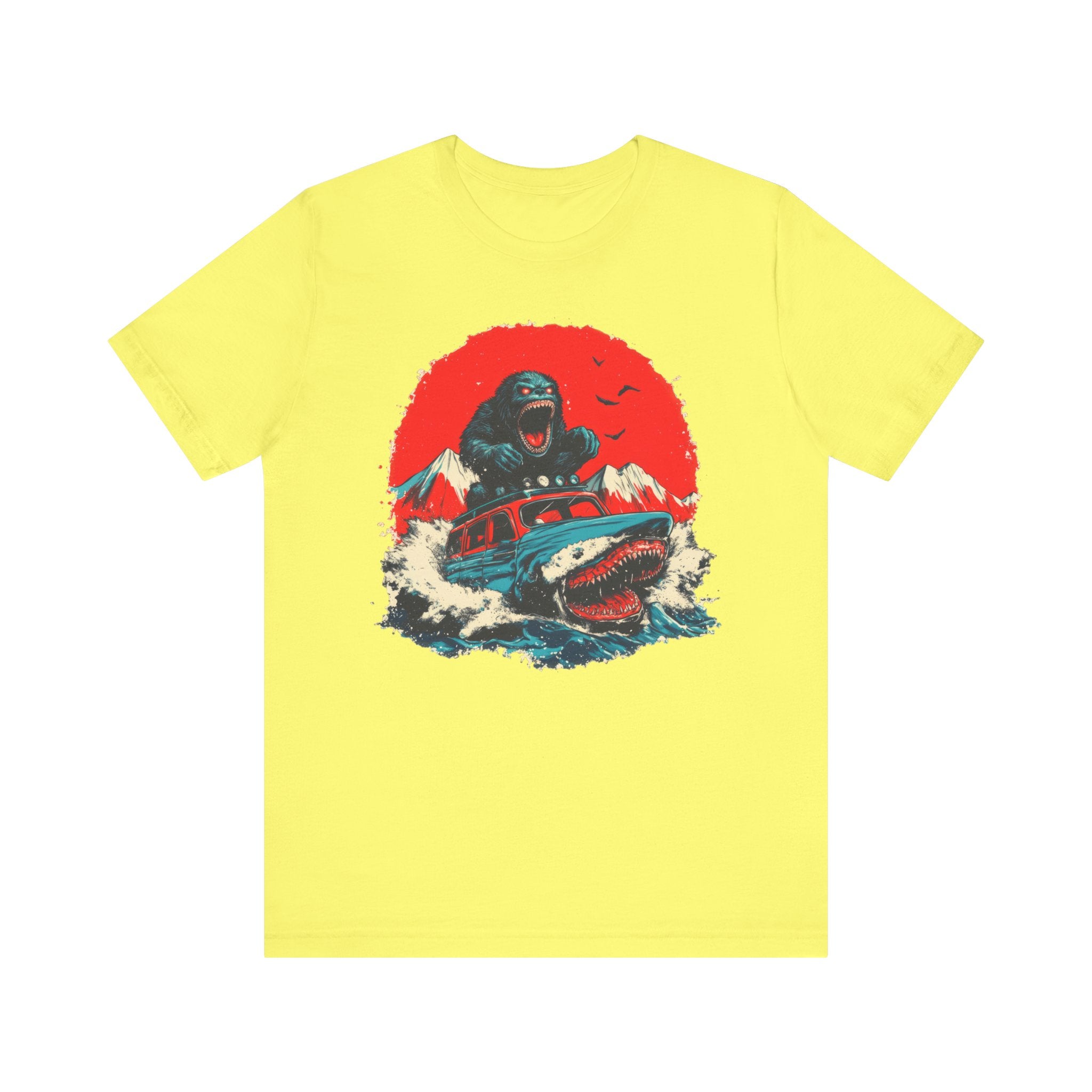 Bigfoot vs. Shark Adventure T-Shirt Fun and Bold Design