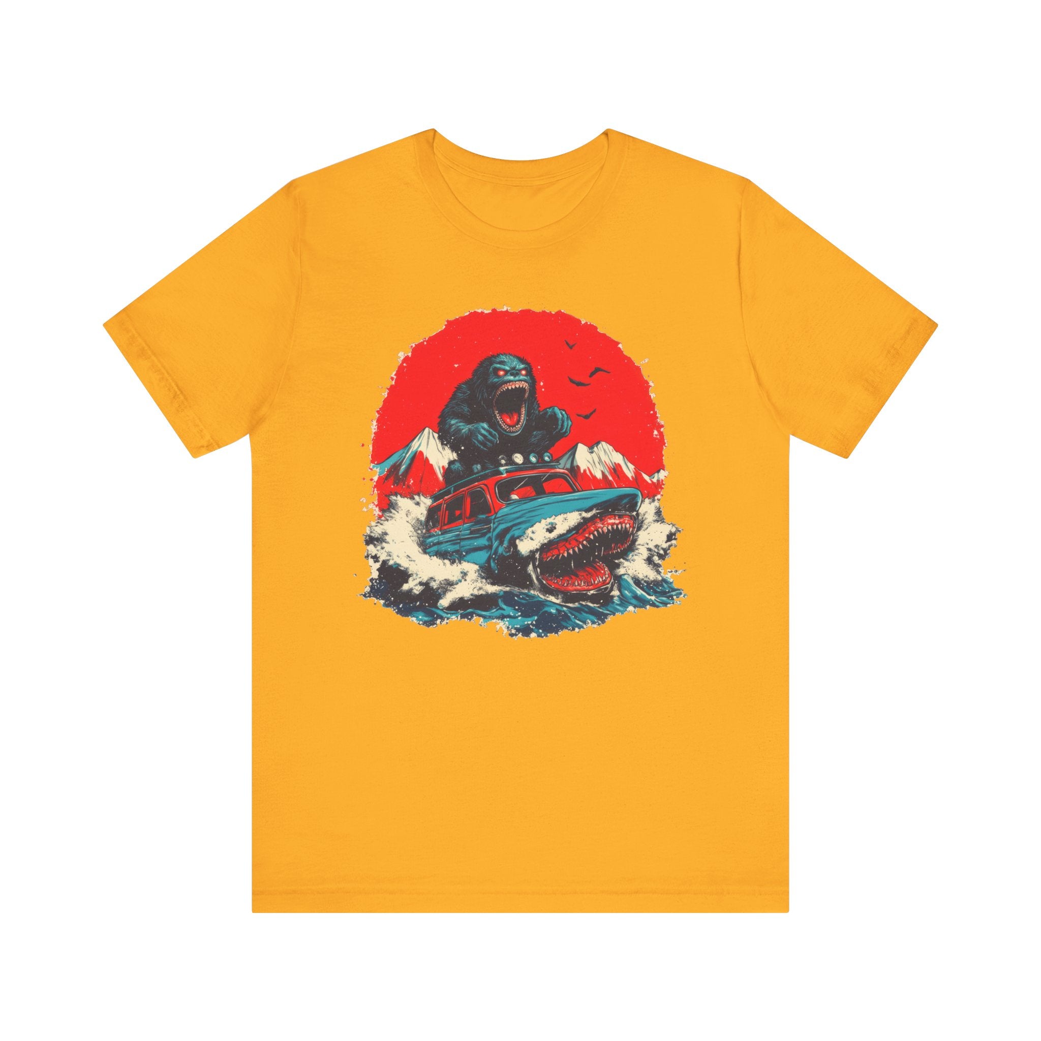 Bigfoot vs. Shark Adventure T-Shirt Fun and Bold Design