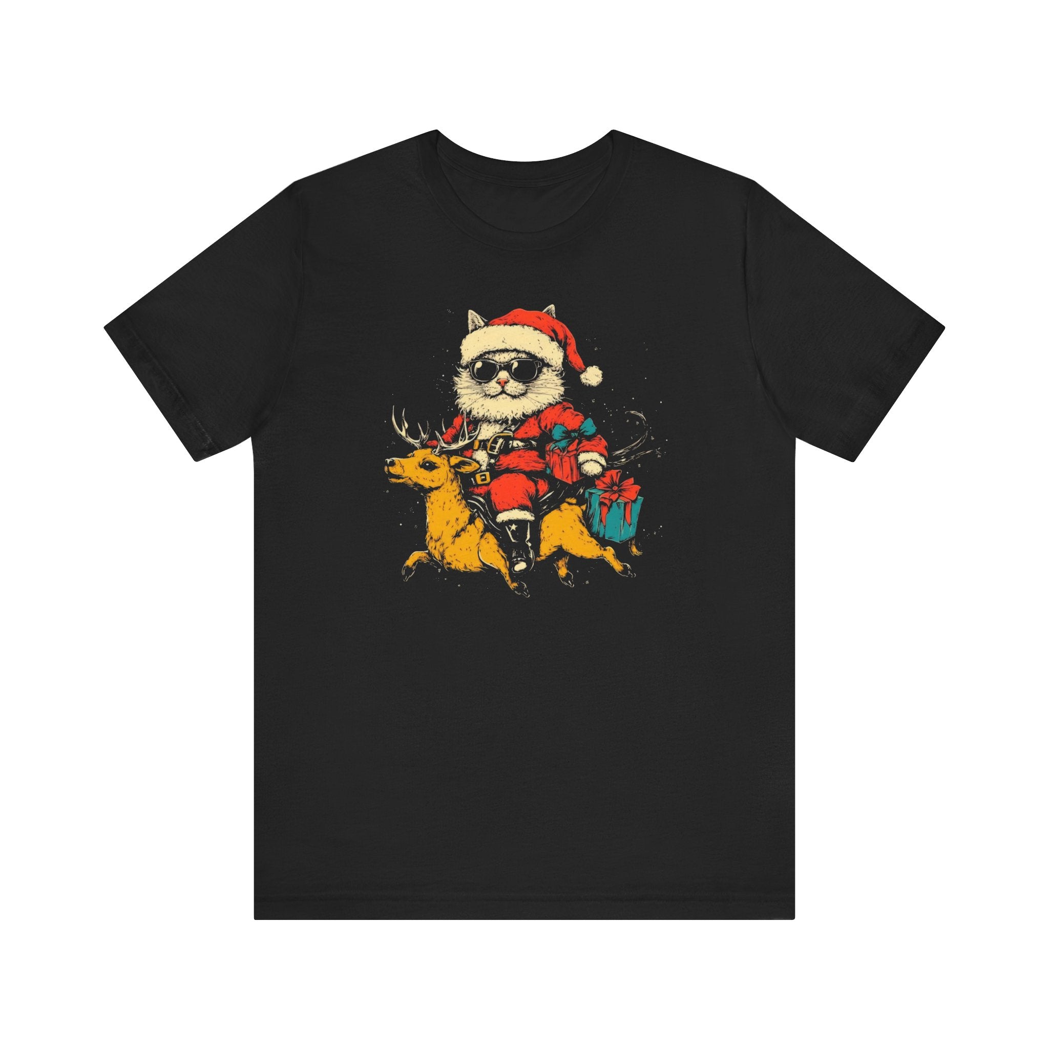 Santa Cat Riding Reindeer T-Shirt