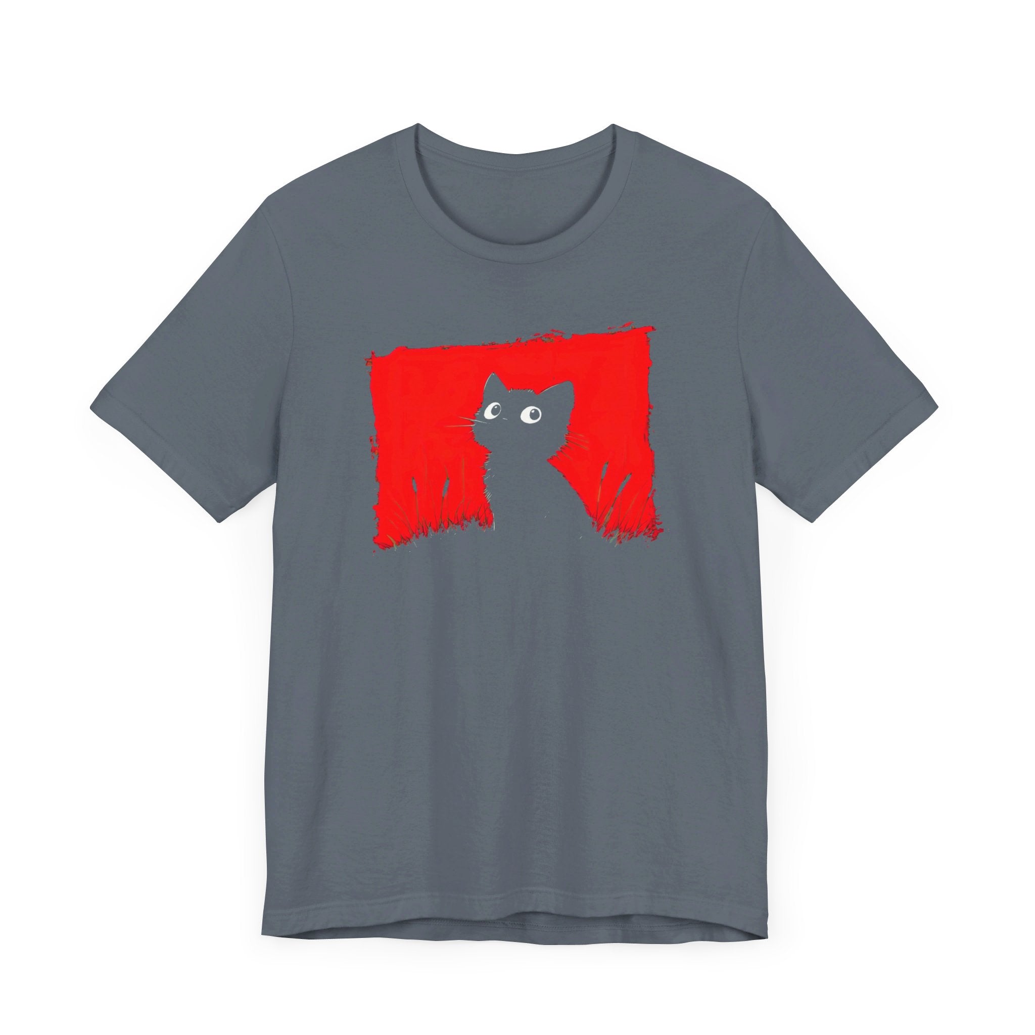 Minimalist Black Cat T-Shirt - Striking Red Background Design