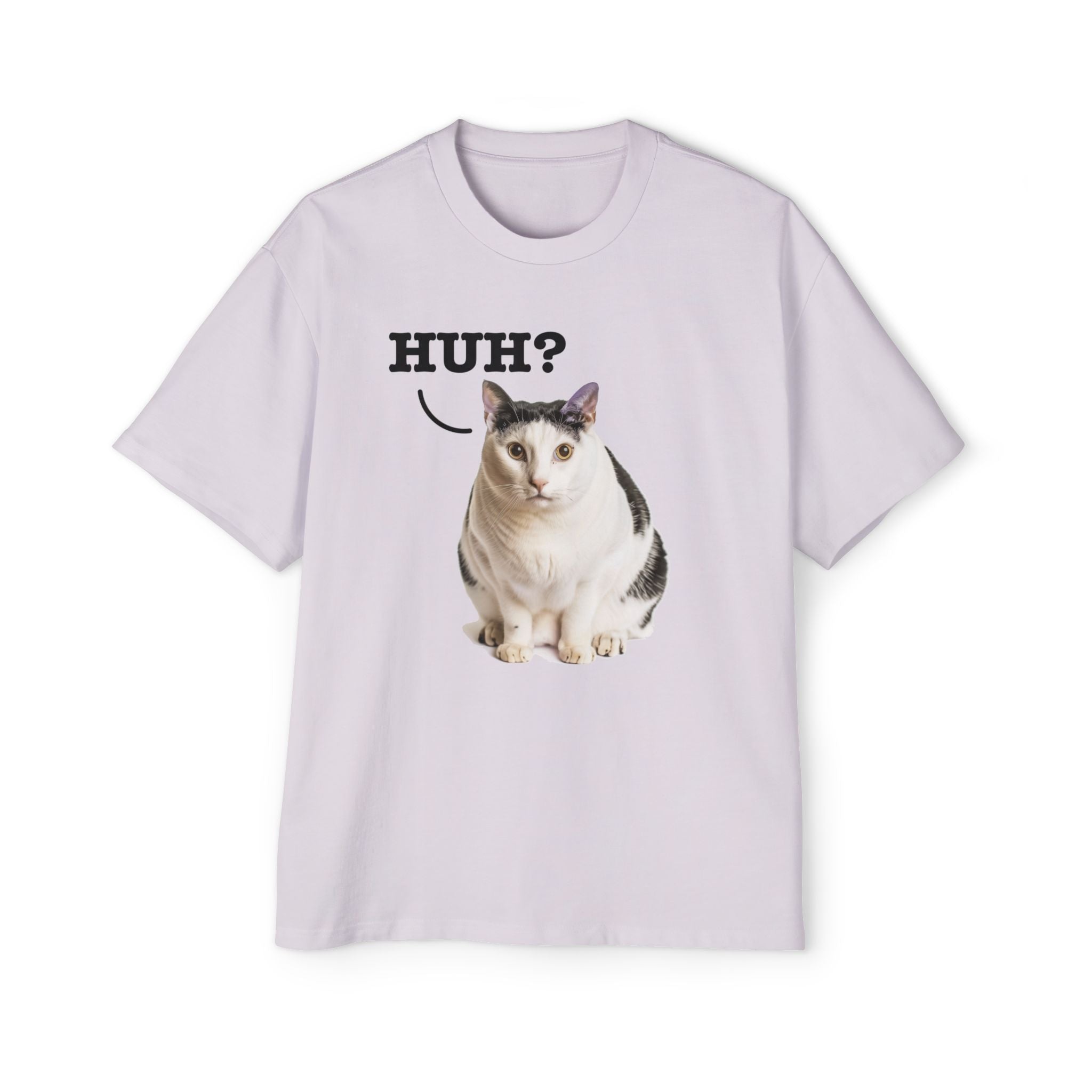 'Huh?' Cat Meme T-Shirt - Funny Cat Expression Tee, Unisex, Perfect Gift for Cat Lovers Heavy Oversized Tee