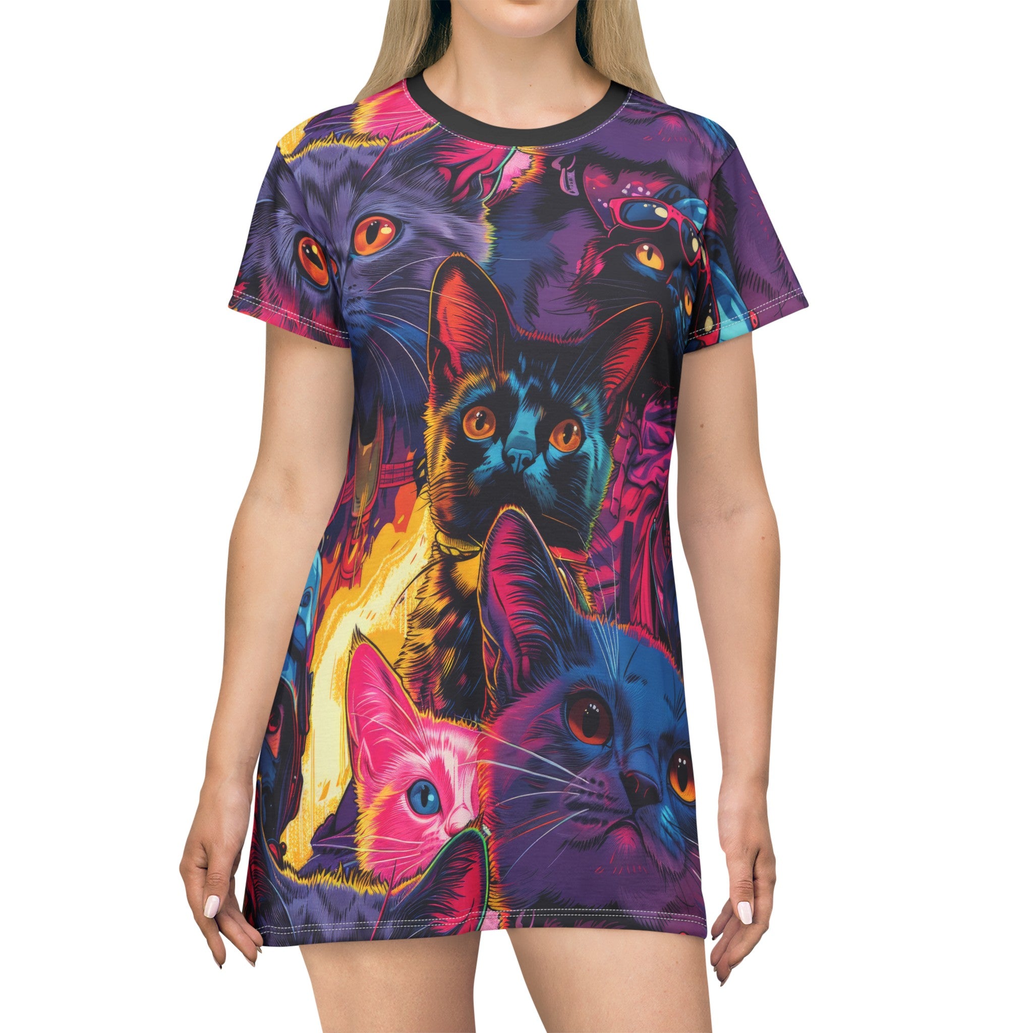 Psychedelic Feline Fantasy  T-Shirt Dress (AOP)