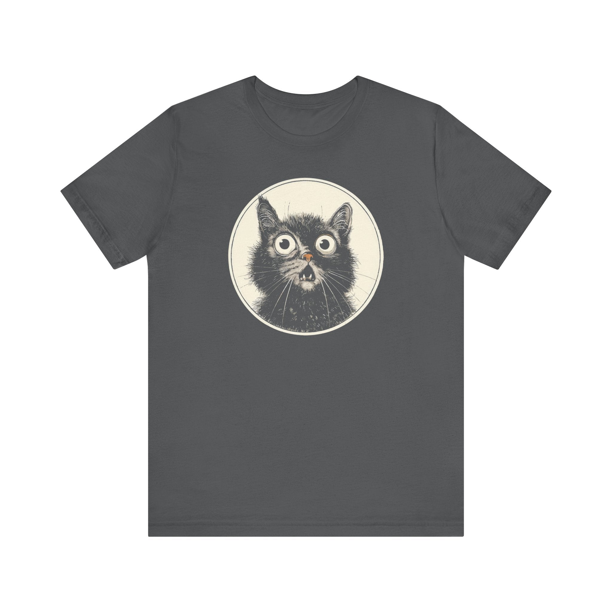 Wide-Eyed Cat Graphic Tee – Vintage Style Cat Lover Shirt