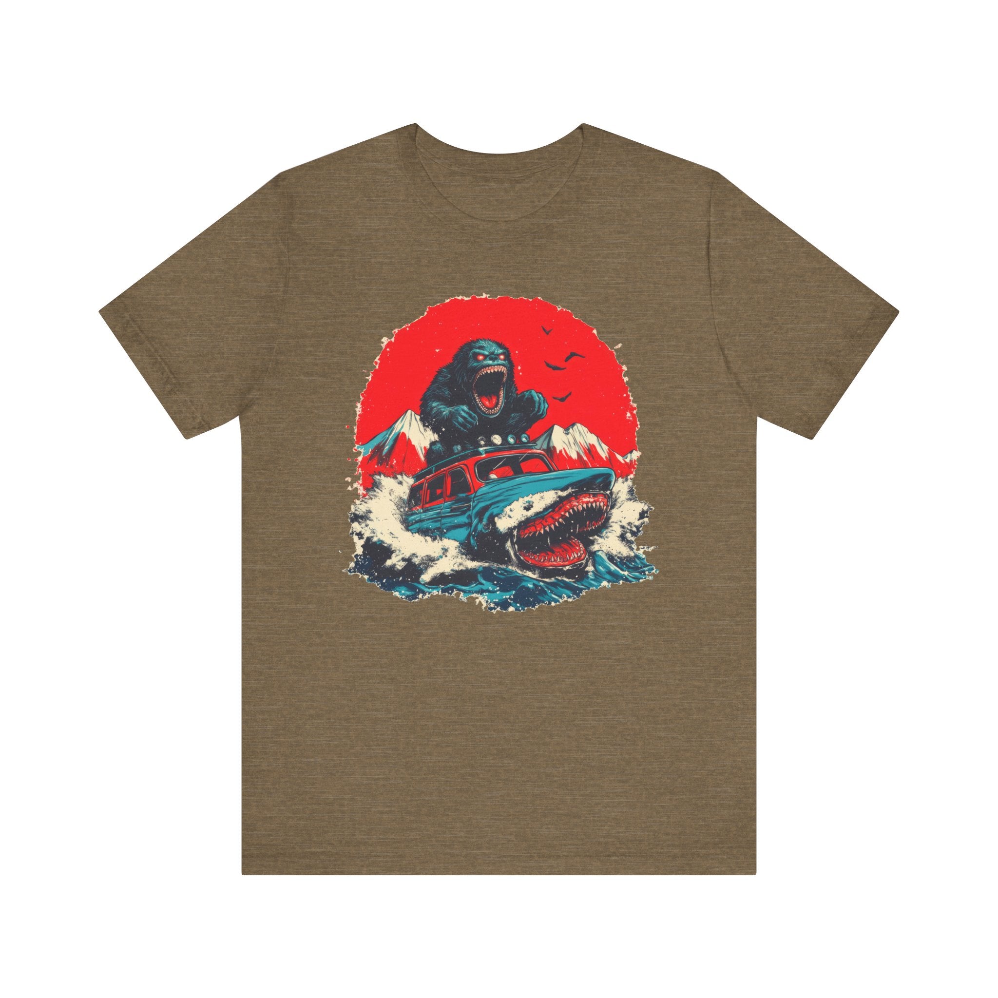 Bigfoot vs. Shark Adventure T-Shirt Fun and Bold Design