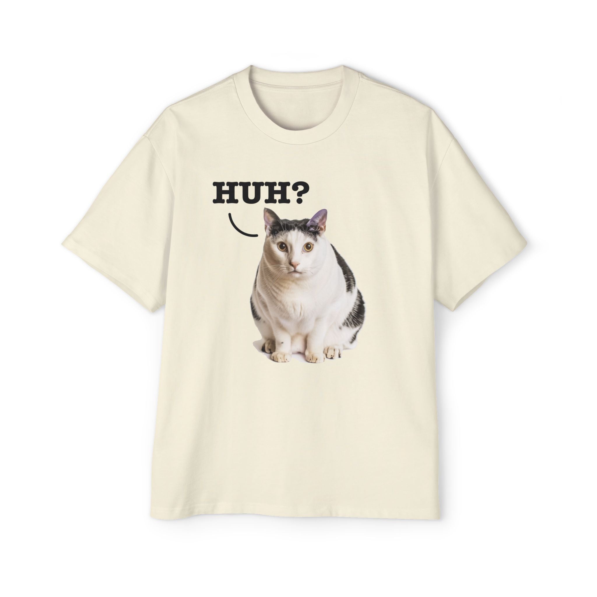 'Huh?' Cat Meme T-Shirt - Funny Cat Expression Tee, Unisex, Perfect Gift for Cat Lovers Heavy Oversized Tee