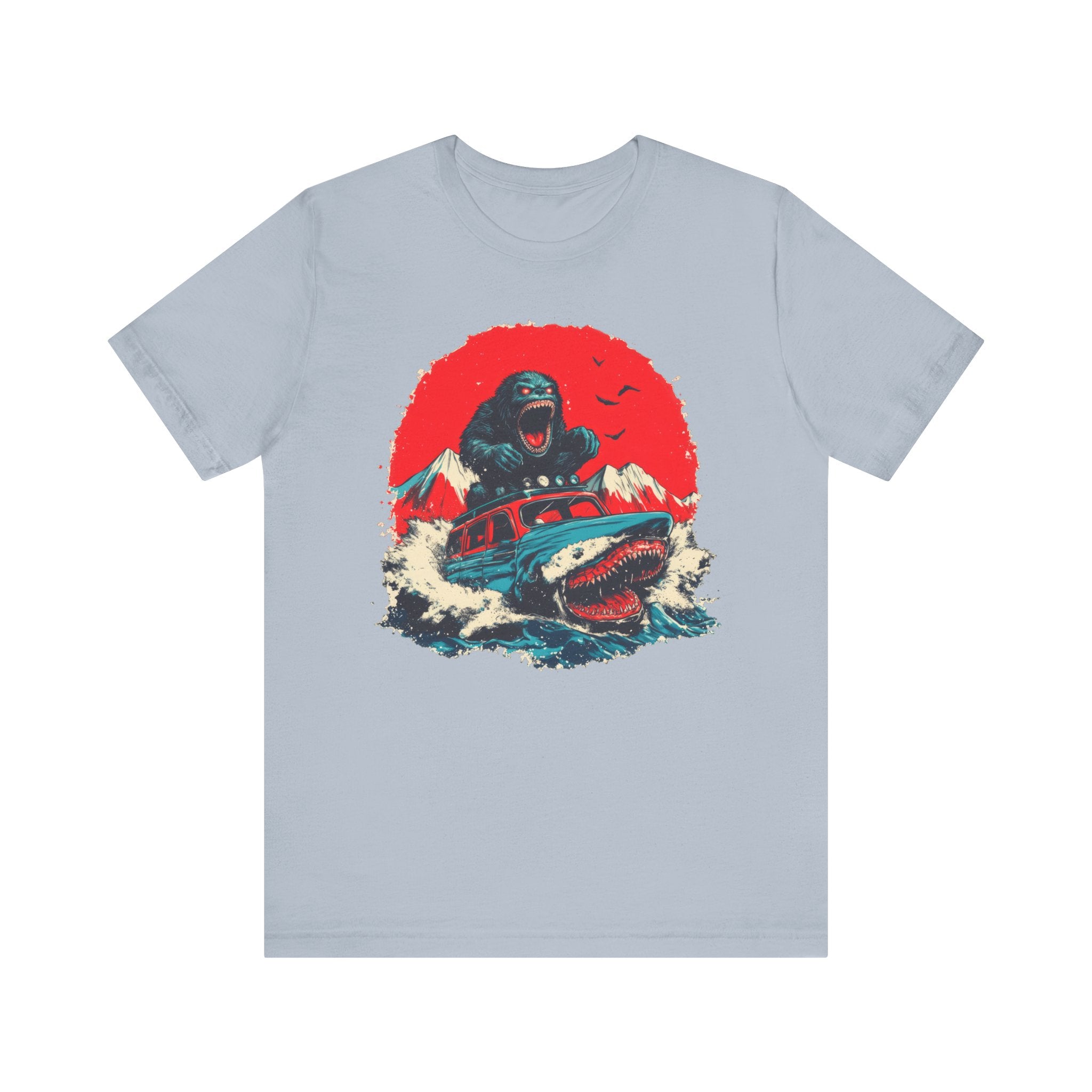 Bigfoot vs. Shark Adventure T-Shirt Fun and Bold Design