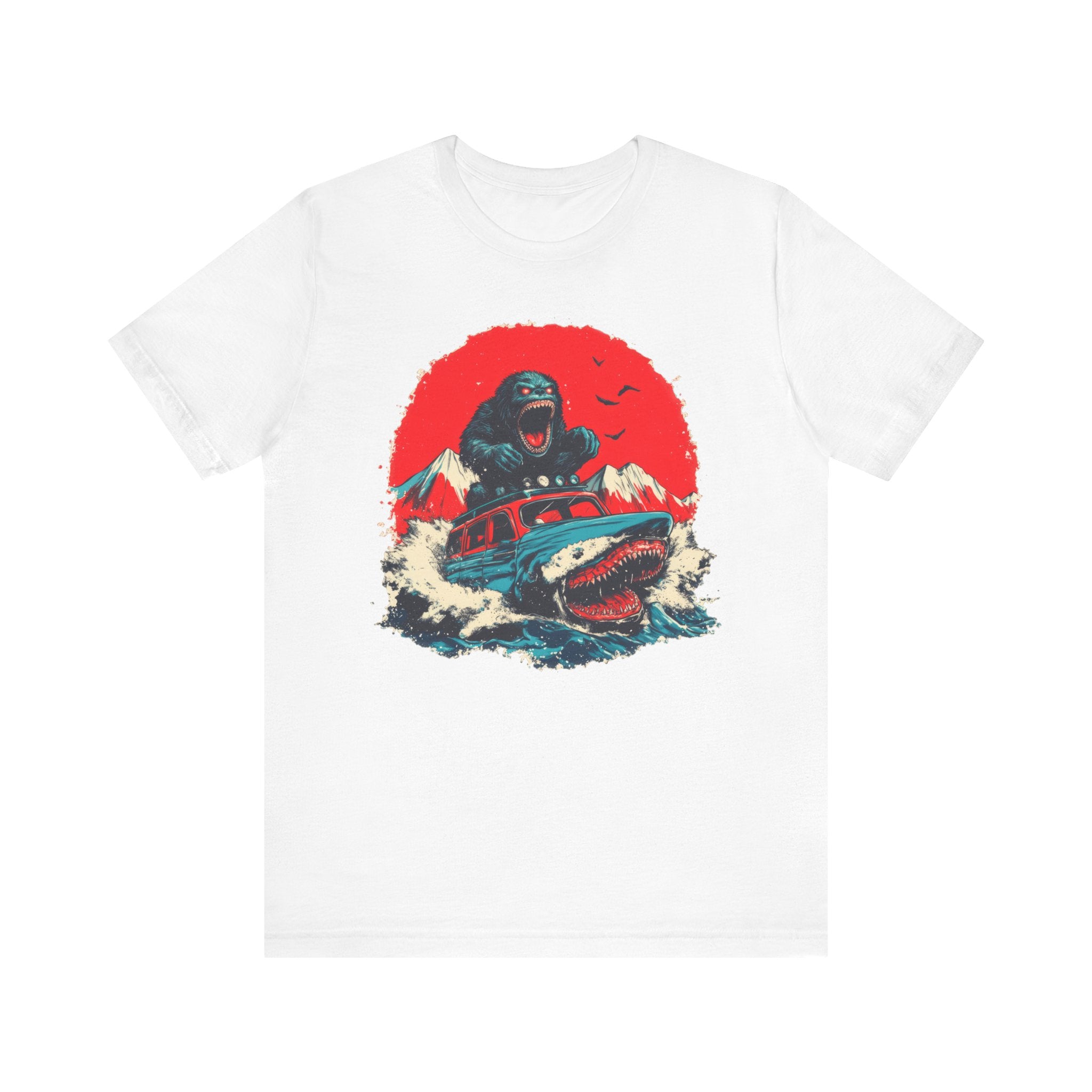 Bigfoot vs. Shark Adventure T-Shirt Fun and Bold Design