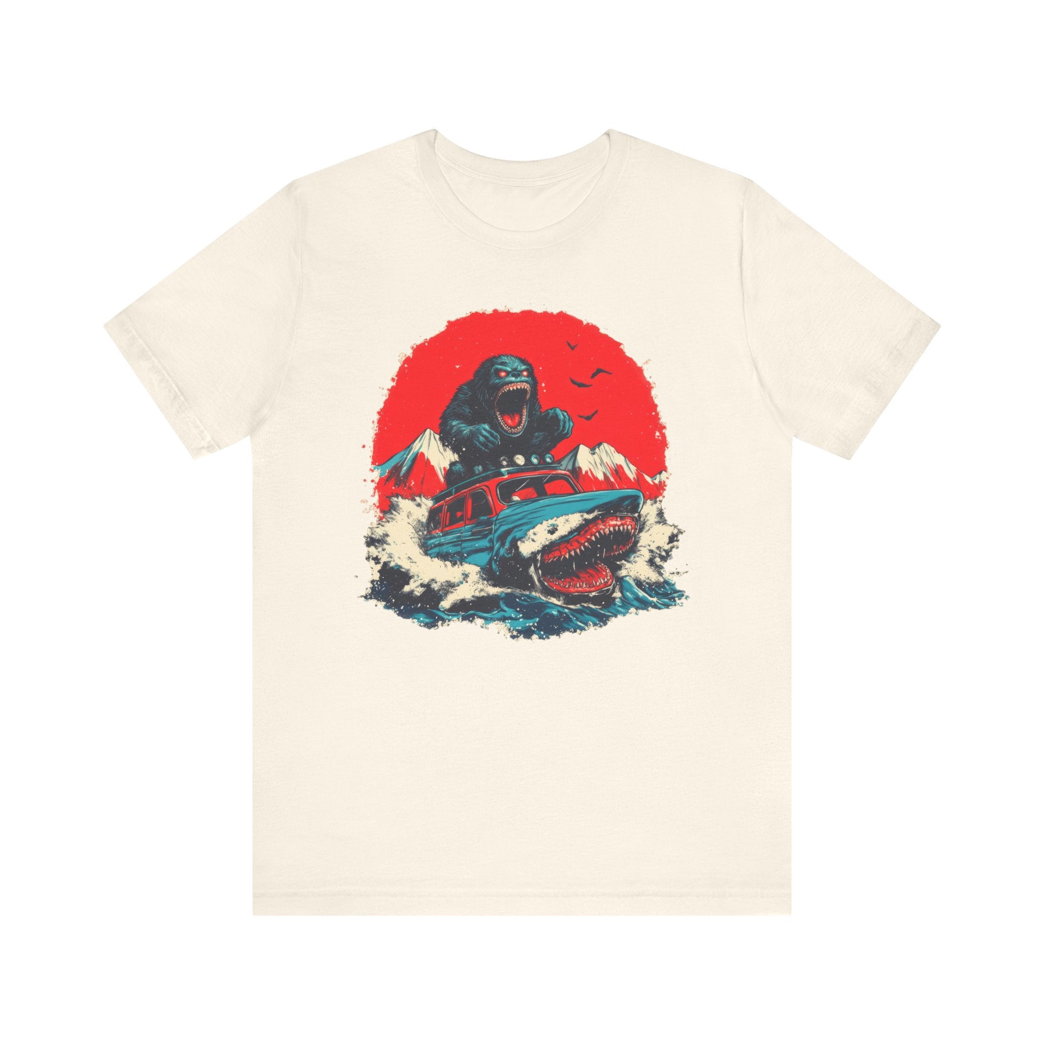 Bigfoot vs. Shark Adventure T-Shirt Fun and Bold Design