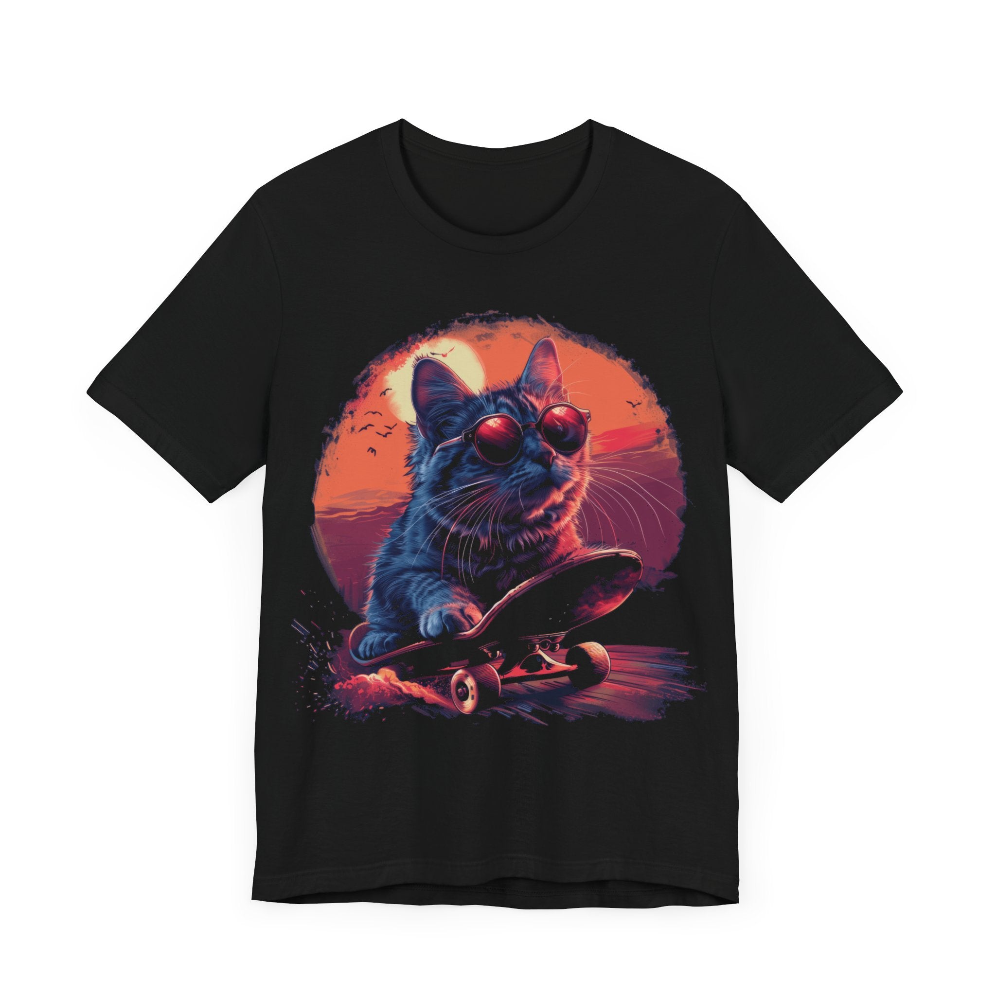 Cool Cat on Skateboard T-Shirt Retro Sunset Cat Lover Tee