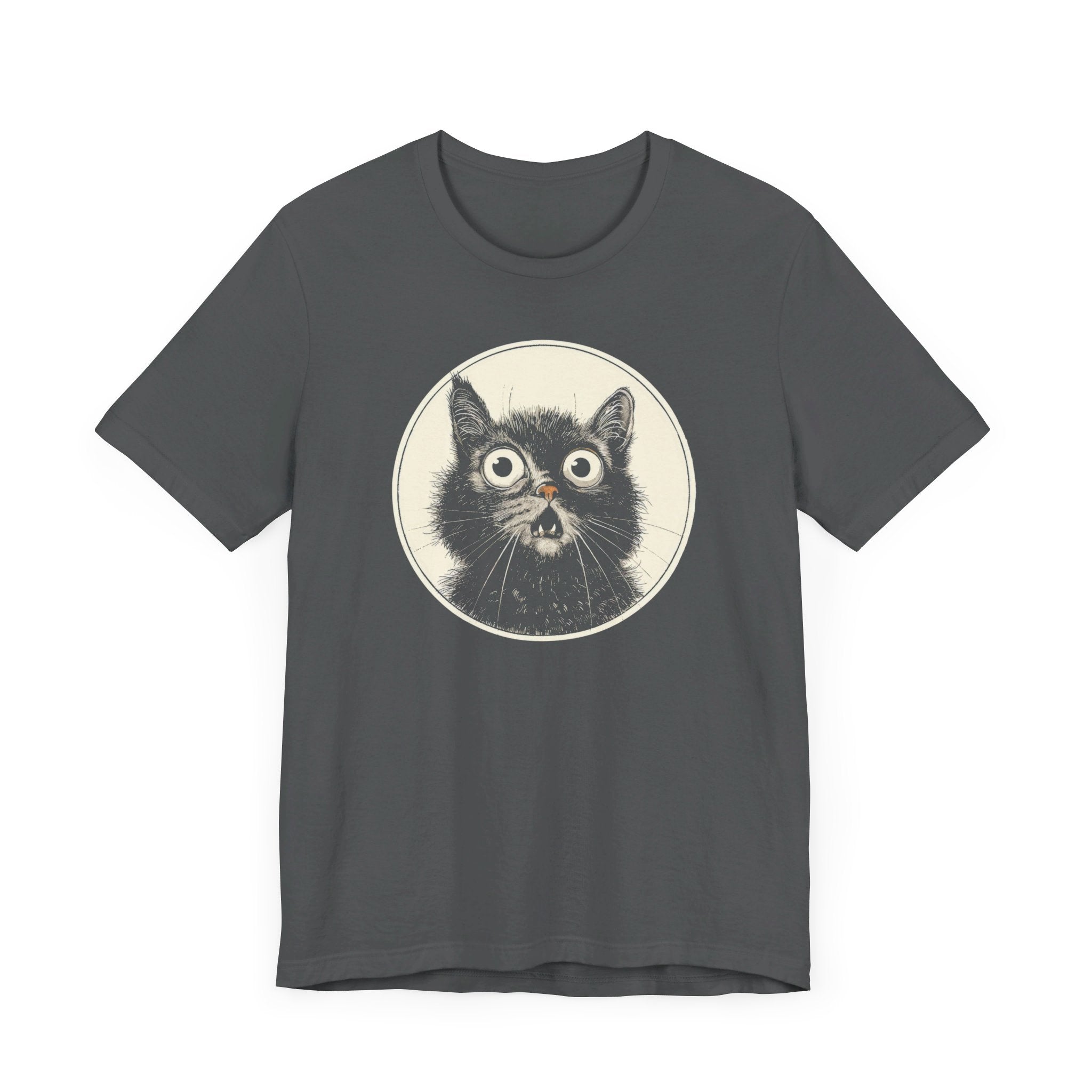 Wide-Eyed Cat Graphic Tee – Vintage Style Cat Lover Shirt