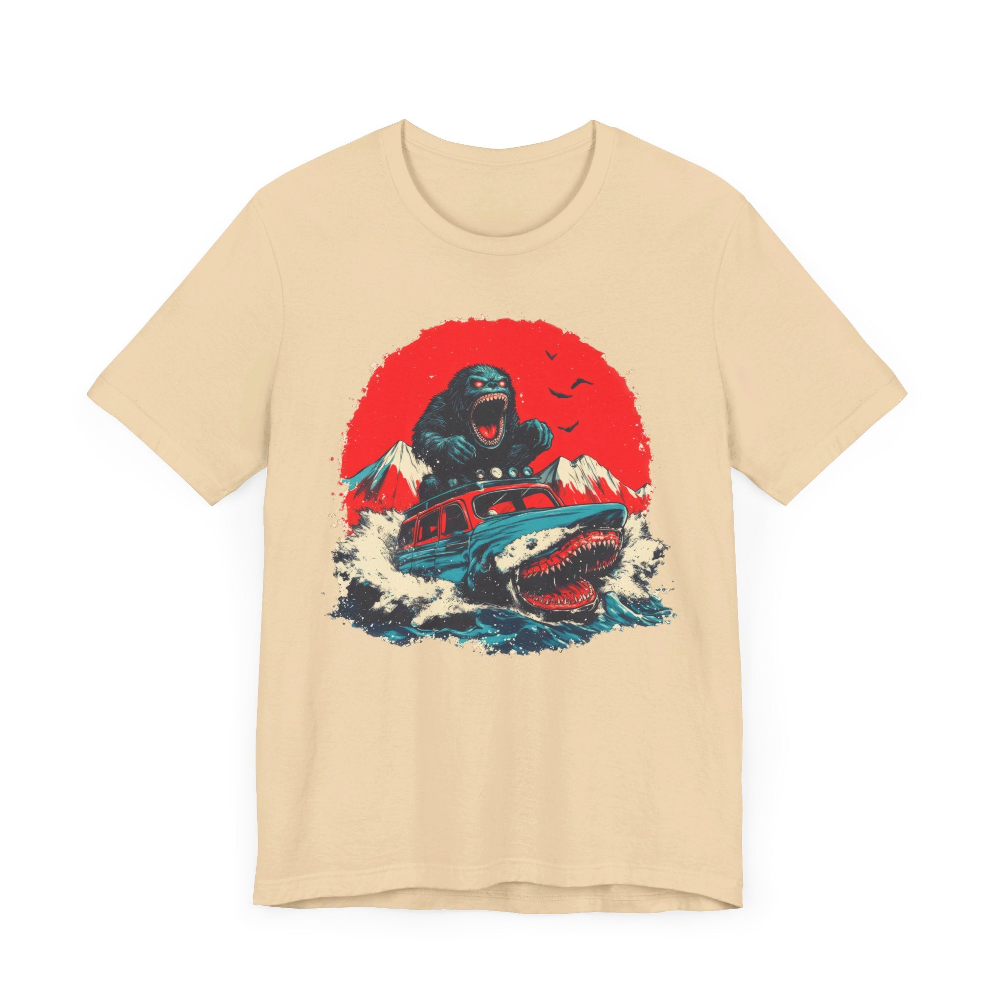 Bigfoot vs. Shark Adventure T-Shirt Fun and Bold Design