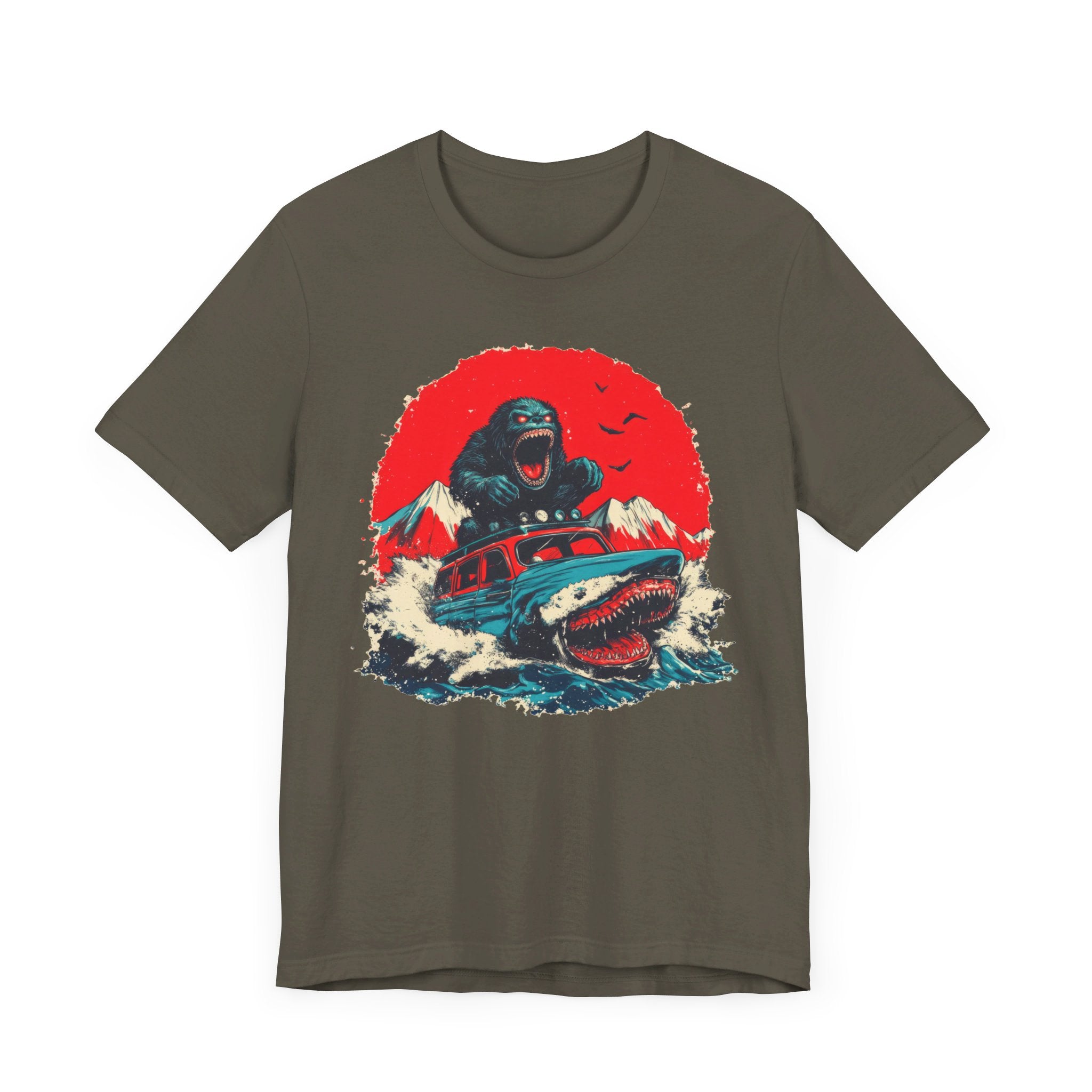 Bigfoot vs. Shark Adventure T-Shirt Fun and Bold Design