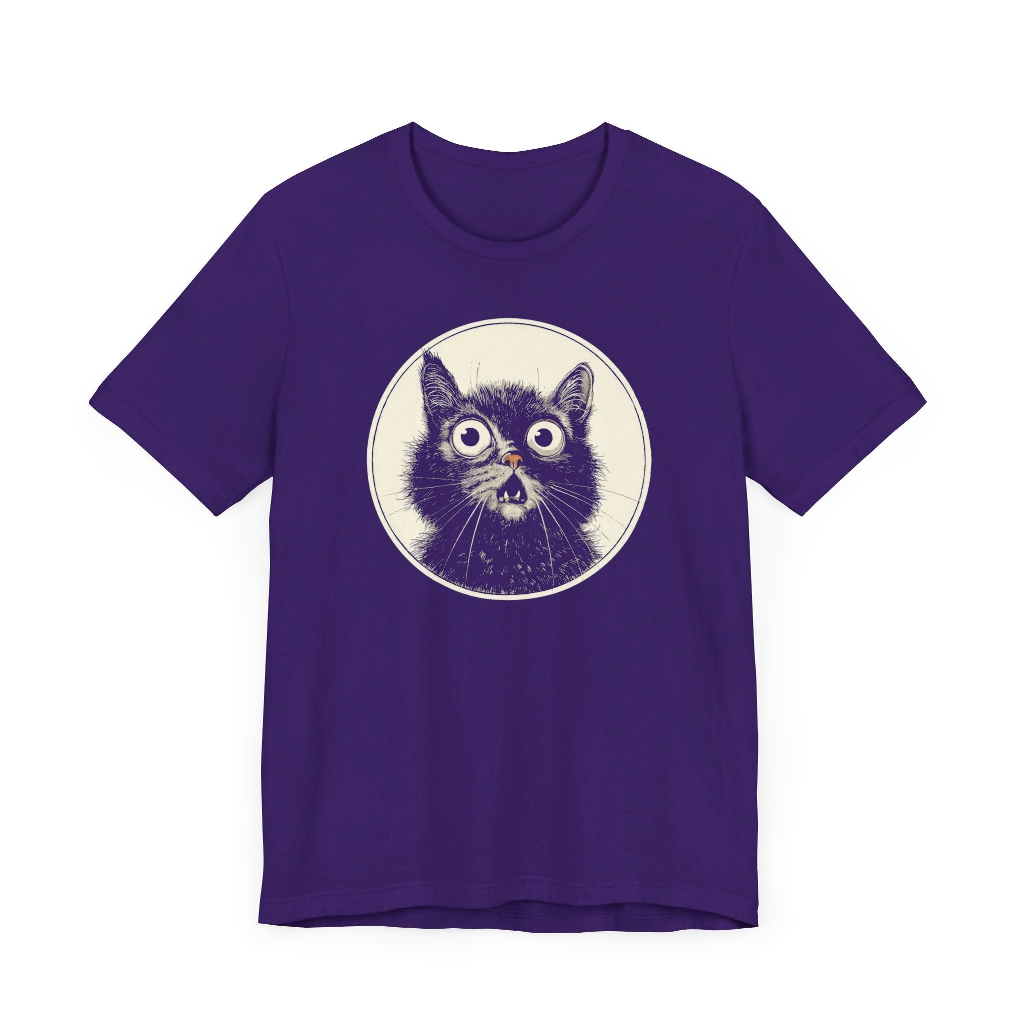 Wide-Eyed Cat Graphic Tee – Vintage Style Cat Lover Shirt