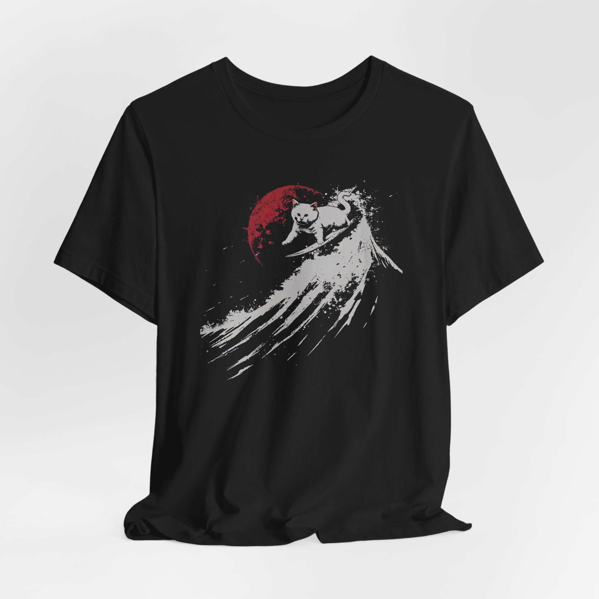 Cat Surfing Under Red Moon Graphic Tee
