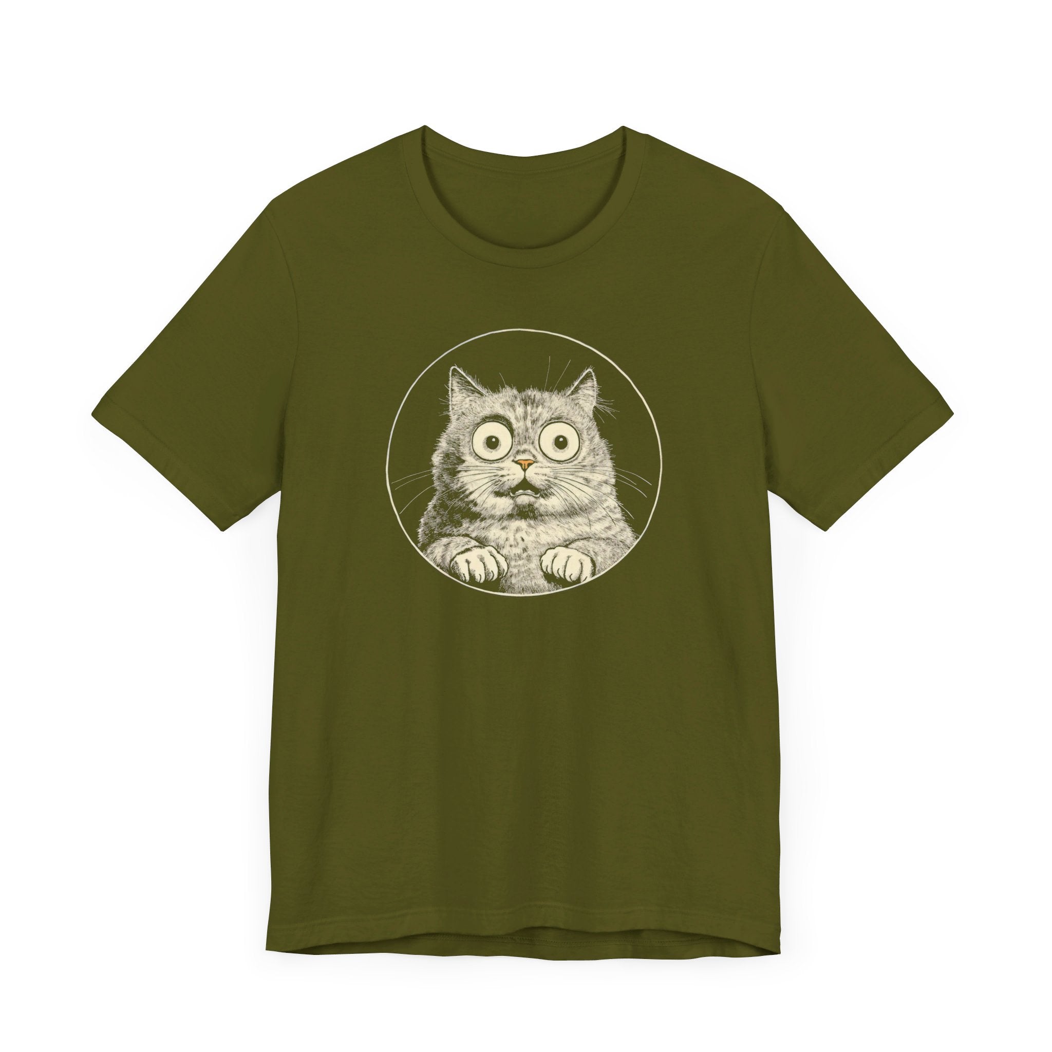 Wide-Eyed Cat Graphic Tee – Vintage Style Cat Lover Shirt